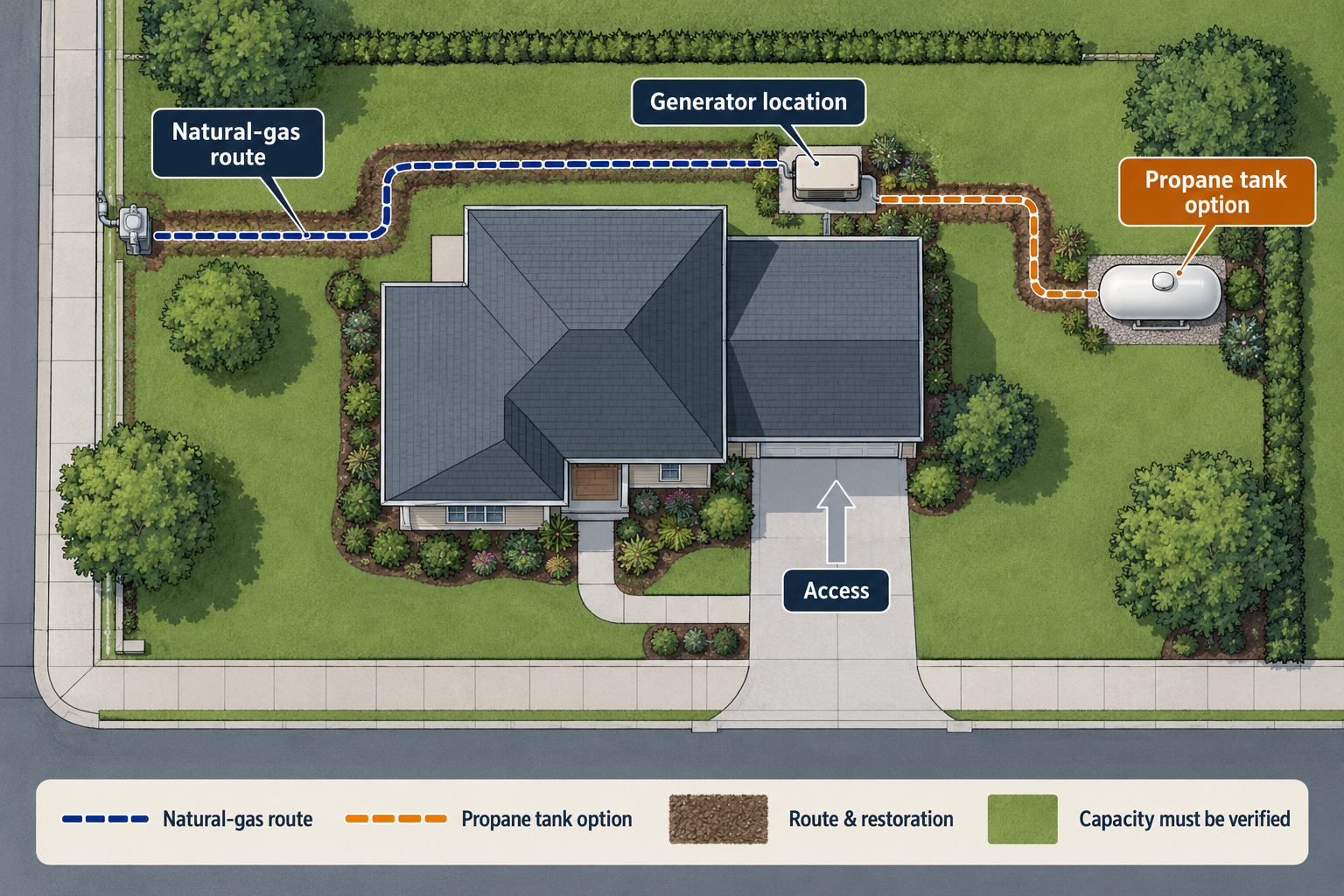 A site-plan illustration compares alternative natural-gas and propane routes to a standby generator, highlighting access, route restoration, and the need to verify capacity.