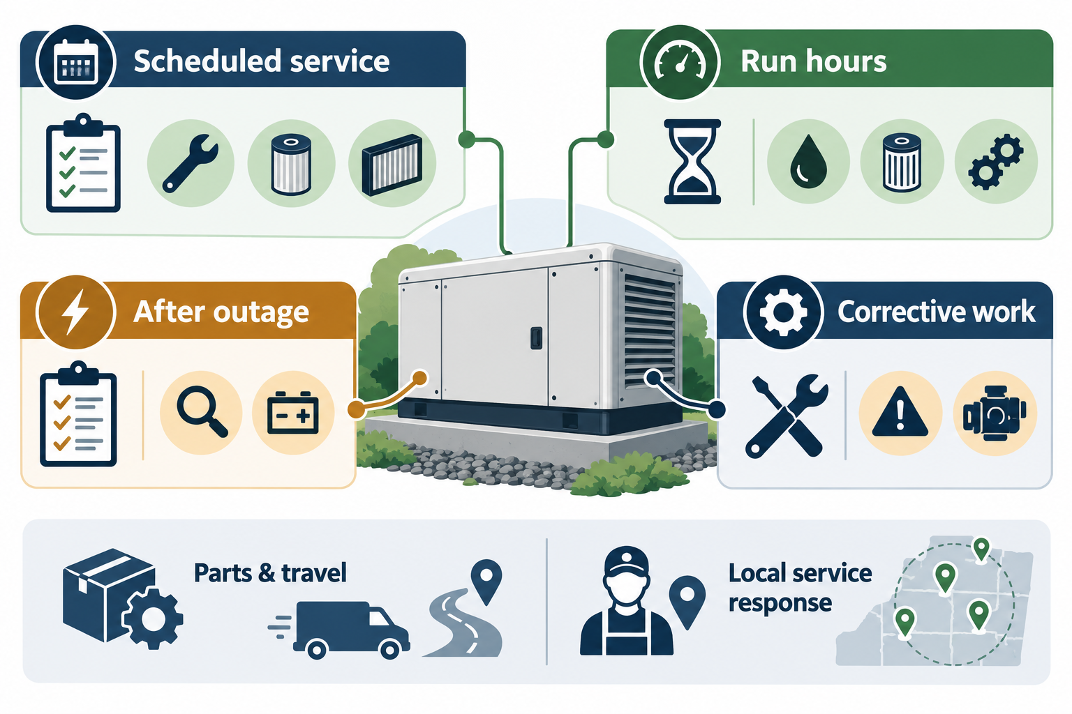 A maintenance budget map separates scheduled service, run-hour work, after-outage checks, corrective work, parts and travel, and local service response.