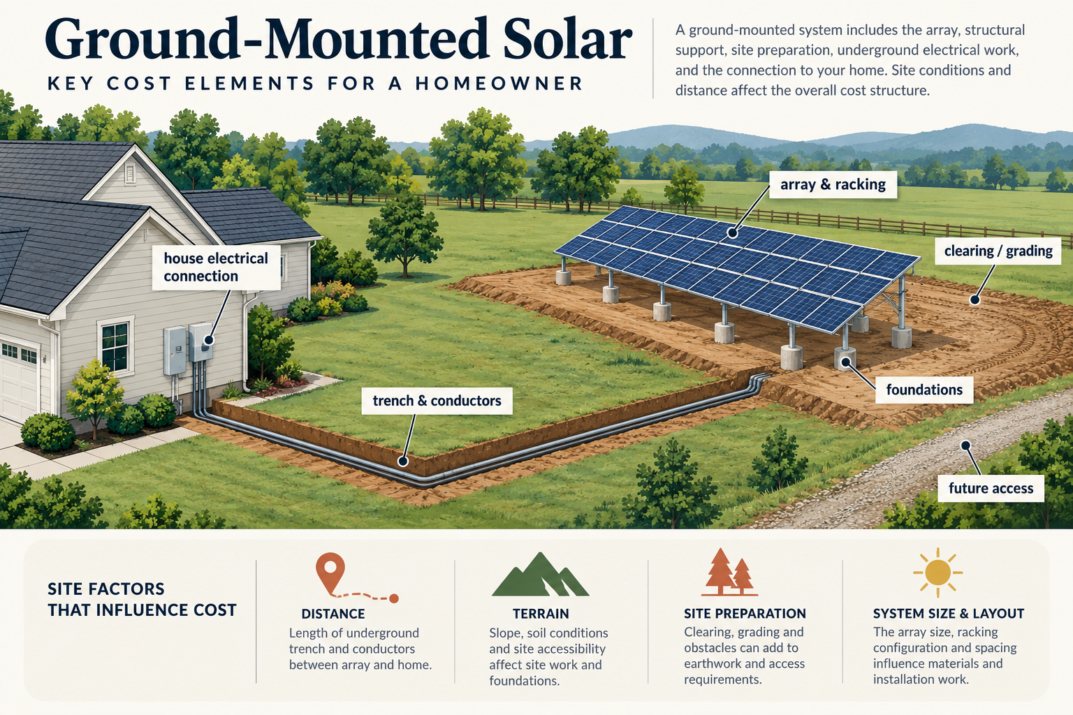 A ground-mounted solar site plan shows the array and racking, foundations, site grading, a trench and conductors back to the house, and room for future access.