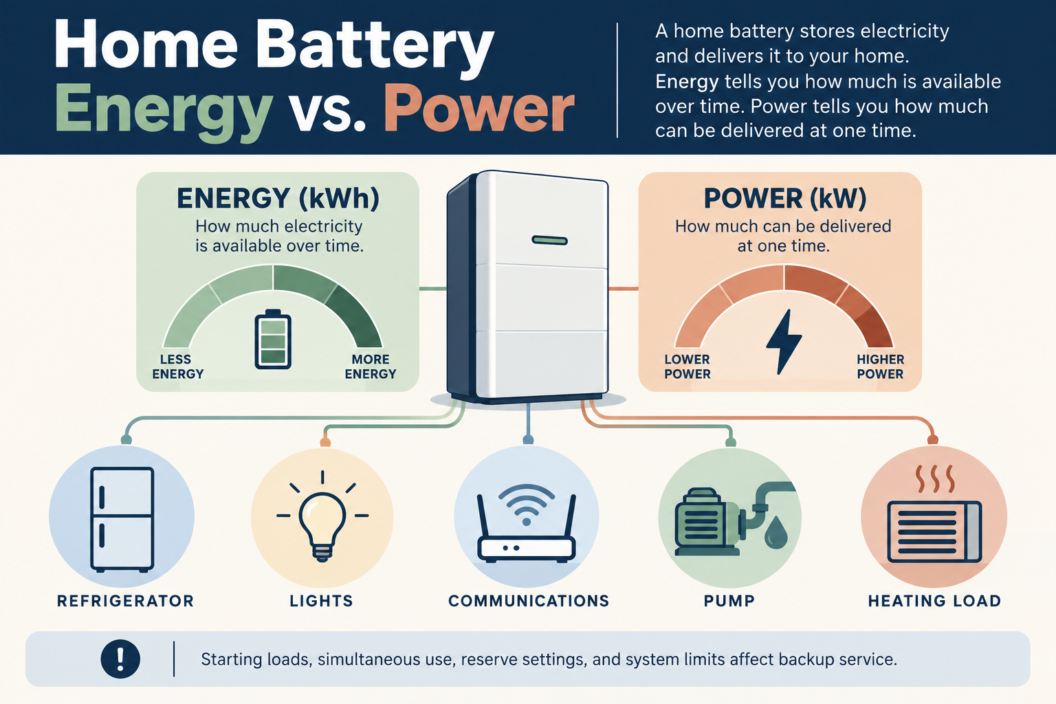 Energy capacity in kilowatt-hours describes how much electricity is available over time, while power in kilowatts describes how much can be delivered at once; load limits still matter.
