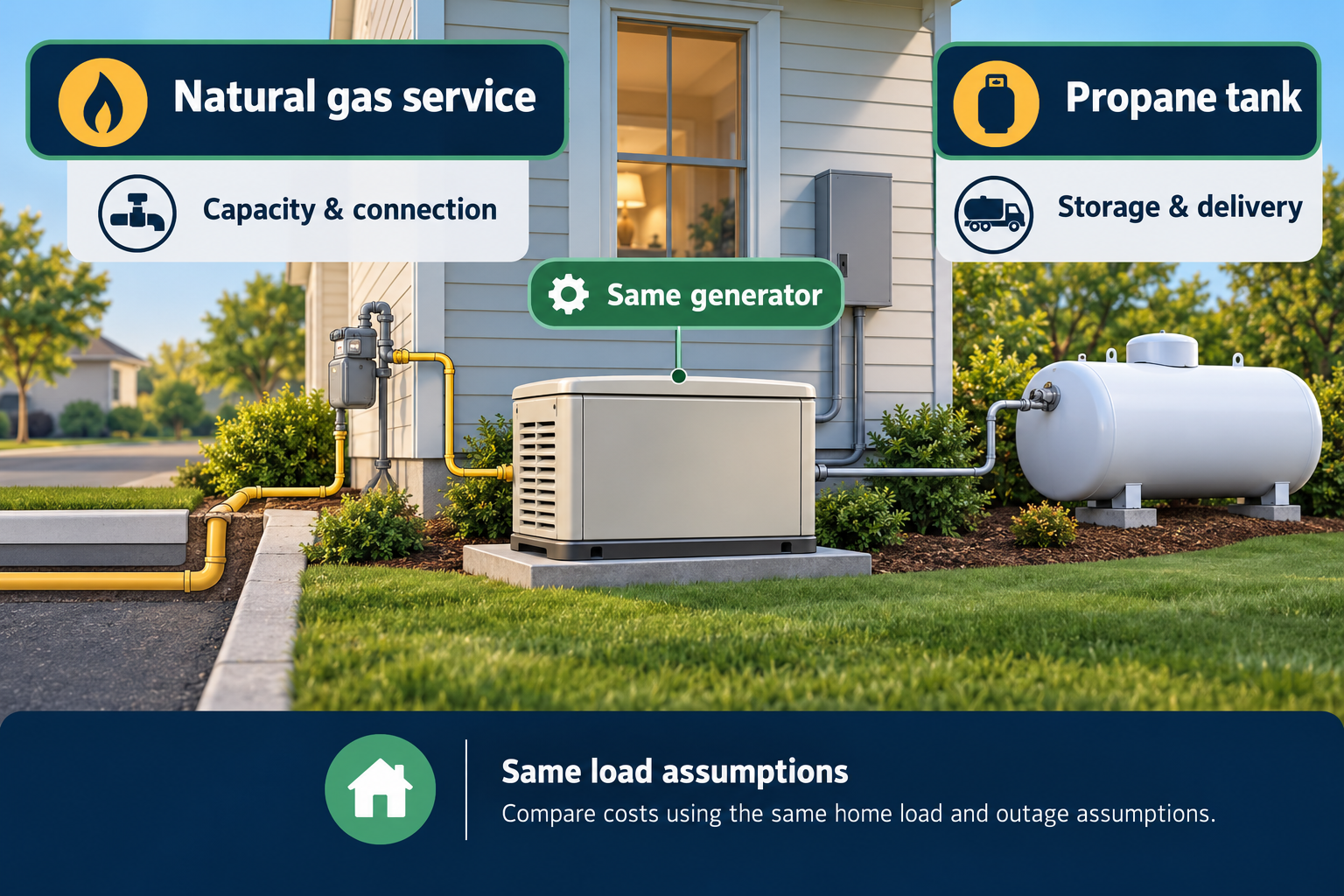 A diagram compares natural-gas service and propane-tank infrastructure for the same standby generator and load assumptions.