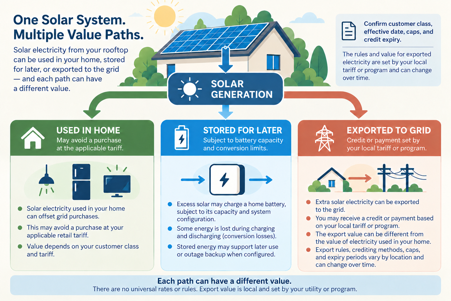 Solar generation can be used in the home, stored for later subject to system limits, or exported under a local tariff or program; each path may have a different value.