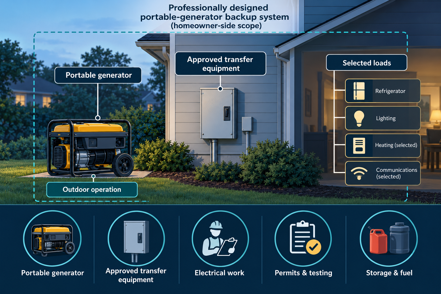 A homeowner-side scope diagram shows a portable generator operated outdoors, approved transfer equipment, selected loads, and related electrical, approval, storage, and fuel scope.