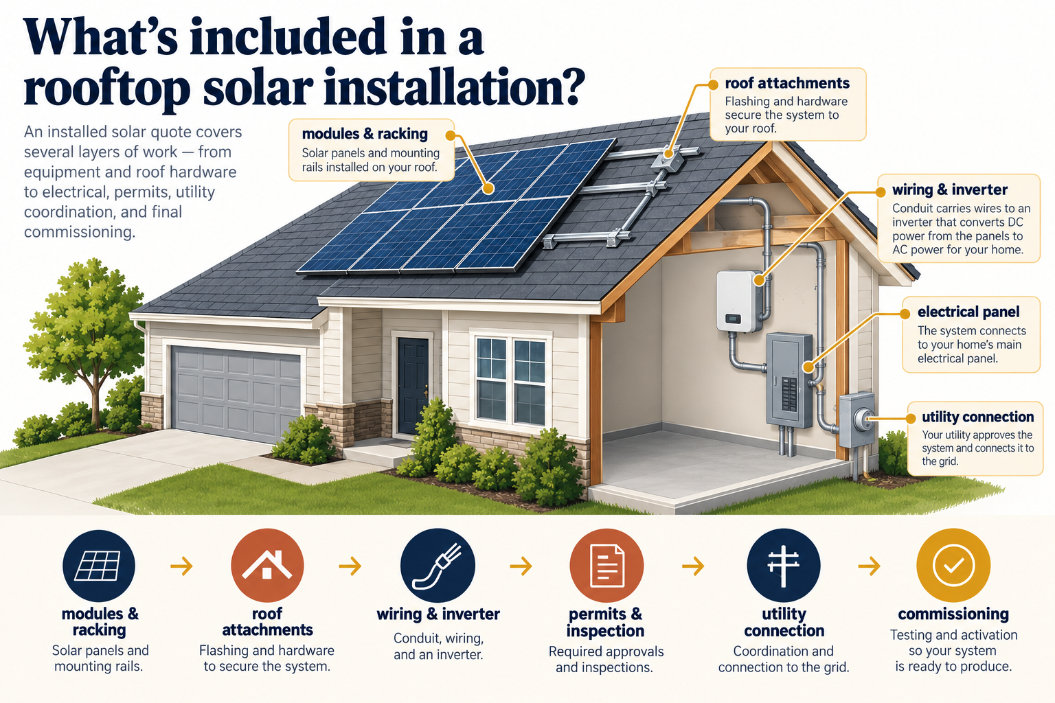 A cutaway view shows the rooftop solar quote scope, from modules and roof attachments to wiring, approvals, utility connection, and commissioning.