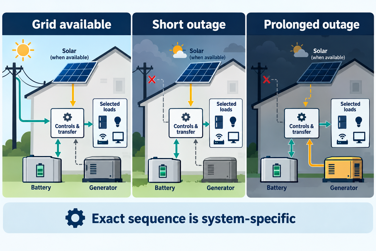 Three operating stages show grid service, a short outage, and a prolonged outage, with solar, battery, generator, and selected loads coordinated through system-specific controls.