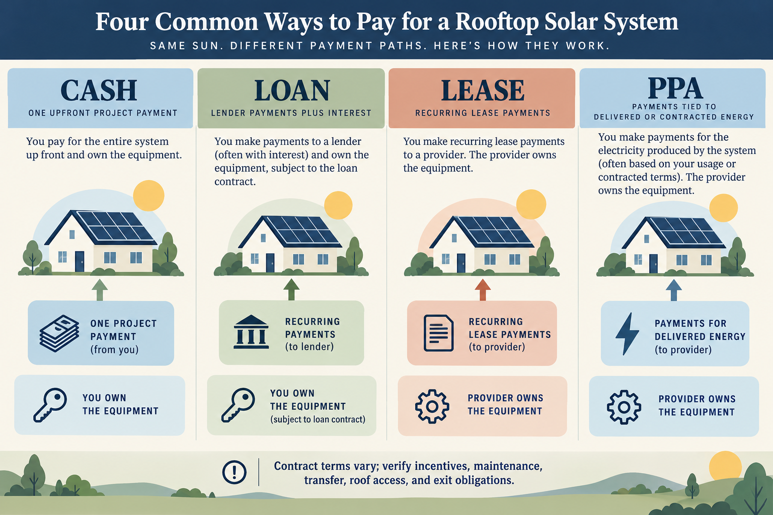 A four-column visual compares cash, a solar loan, a lease, and a power-purchase agreement by payment path and typical equipment ownership, with a reminder to verify contract terms.
