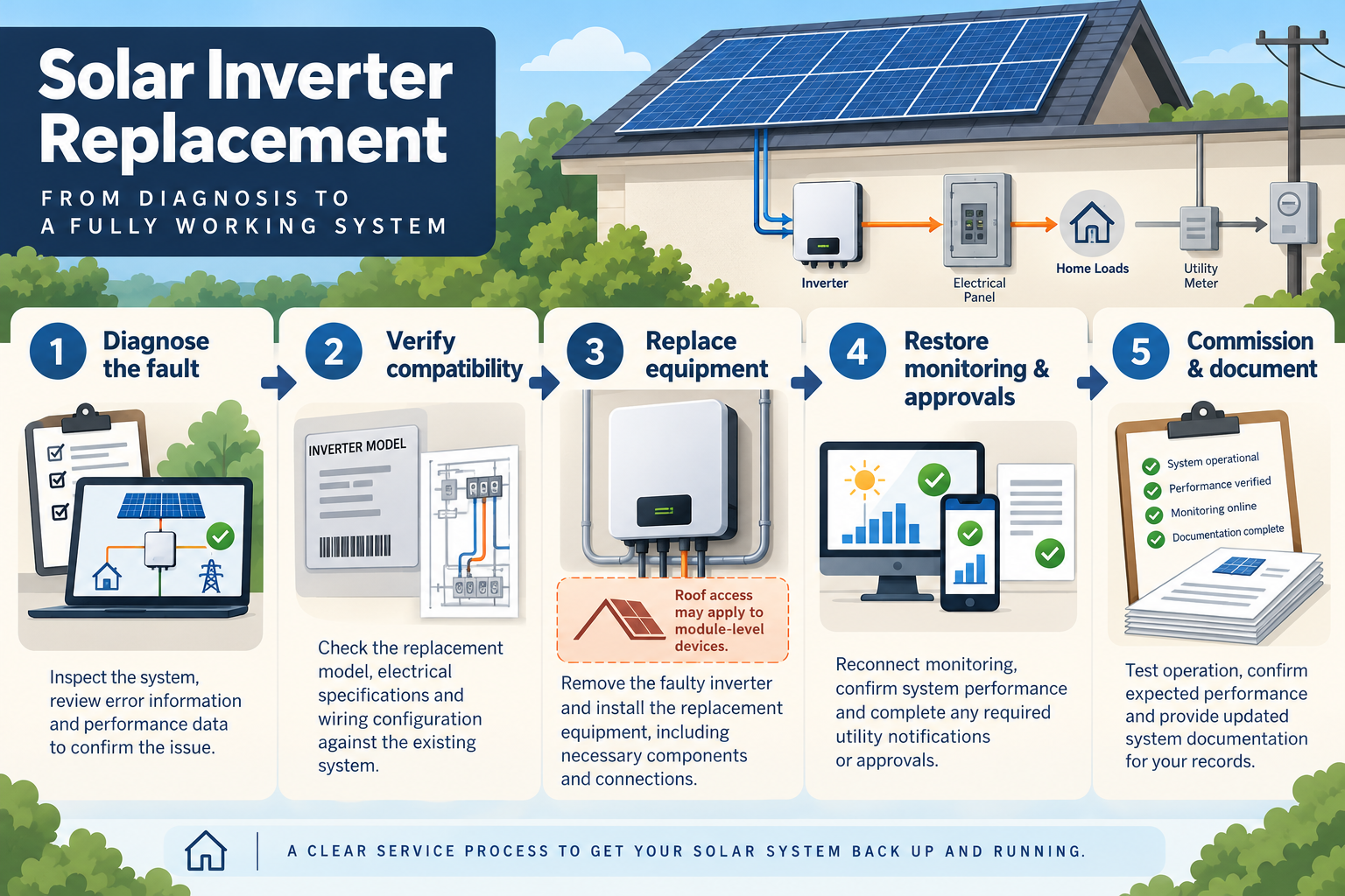 A five-step service path shows diagnosis, compatibility checks, equipment replacement, restored monitoring and approvals, then commissioning and documentation.