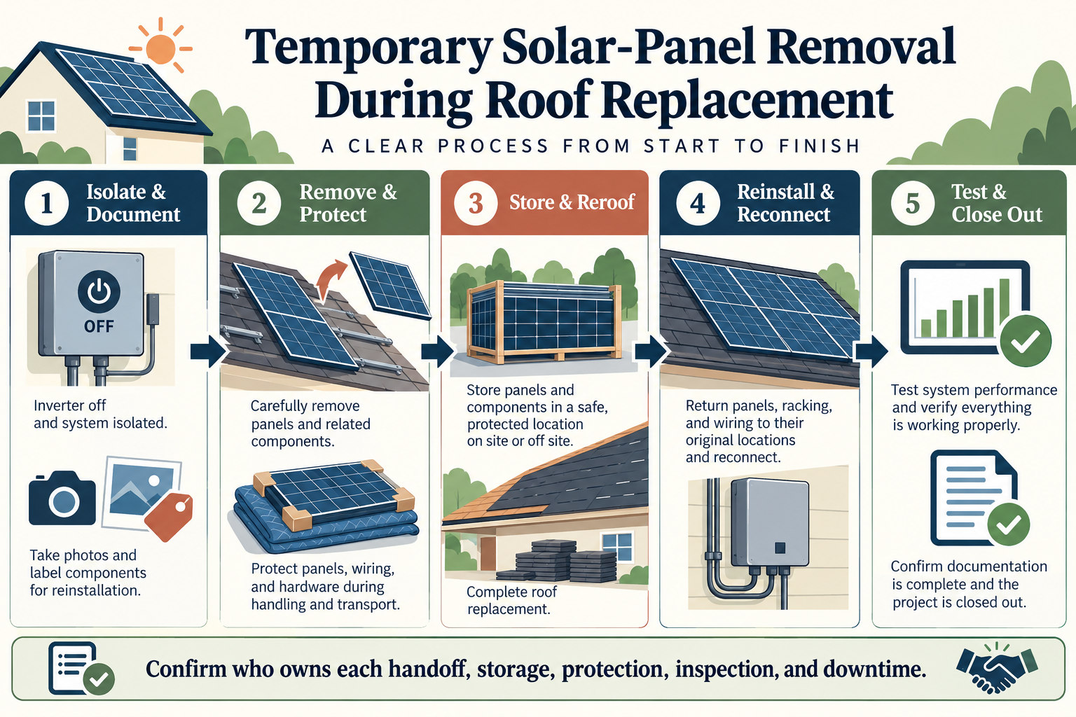 A five-stage process shows isolating and documenting the system, removing and protecting equipment, storing it while reroofing proceeds, reinstalling and reconnecting, and testing and closing out the work.