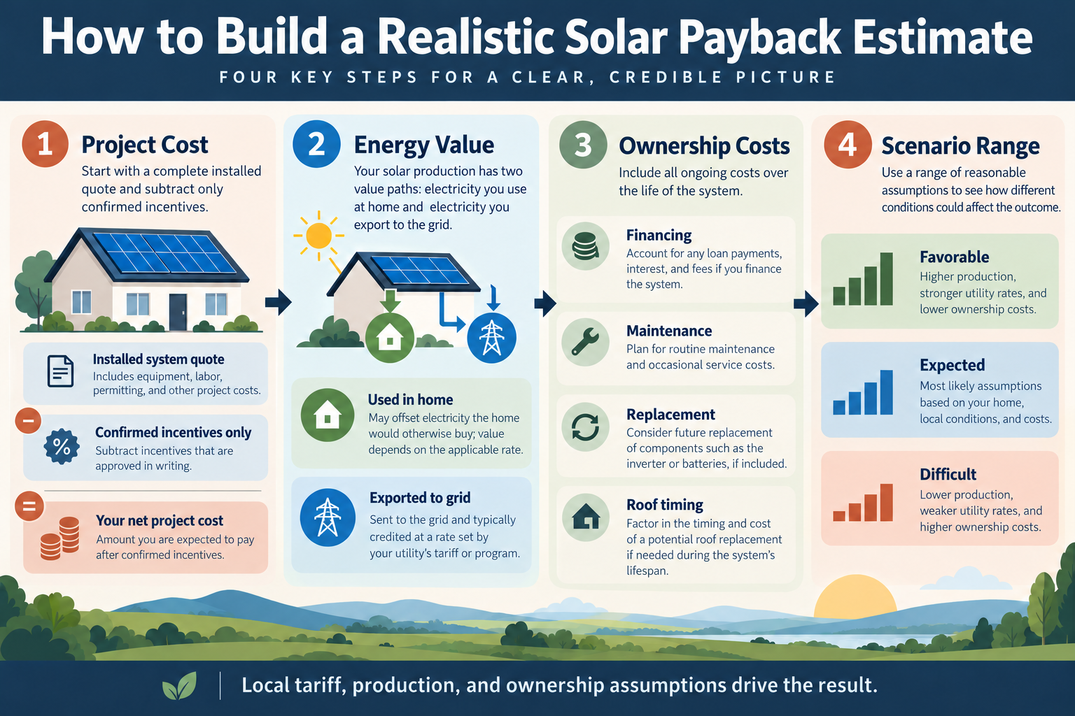 A four-step solar payback model starts with project cost and confirmed incentives, separates energy used at home from exports, includes ownership costs, and tests a range of scenarios.