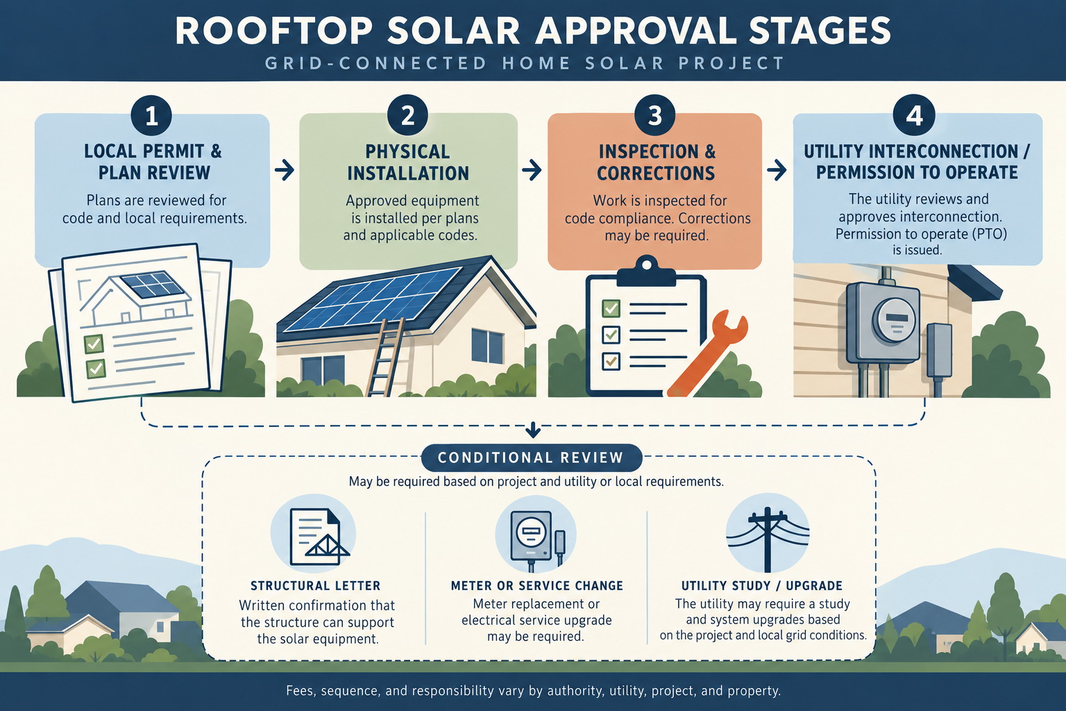 A four-stage timeline shows local permit and plan review, installation, inspection and corrections, then utility interconnection and permission to operate, with conditional reviews shown separately.