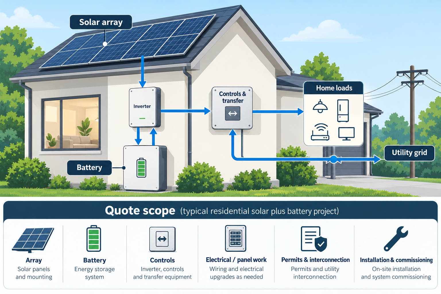 A system diagram separates solar generation, home use, battery storage, and grid export, then shows the major solar-plus-battery quote components.