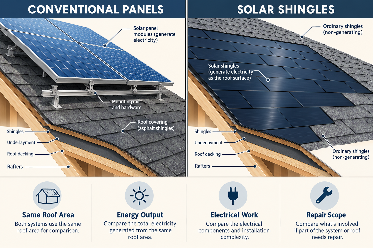 A side-by-side roof cutaway contrasts conventional panels mounted above a separate roof covering with solar shingles integrated into the roof, emphasizing comparable roof area, output, electrical work, and repair scope.