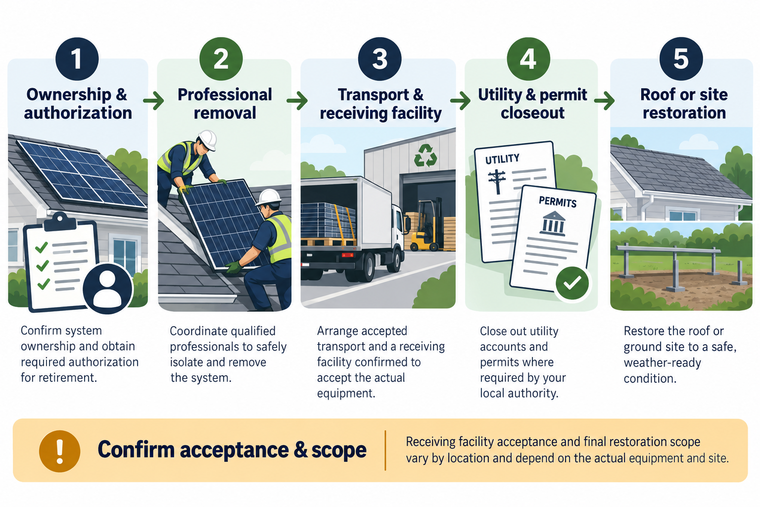 A five-stage project sequence shows ownership authorization, professional removal, accepted transport, utility and permit closeout, and roof or site restoration, with acceptance and scope confirmed locally.