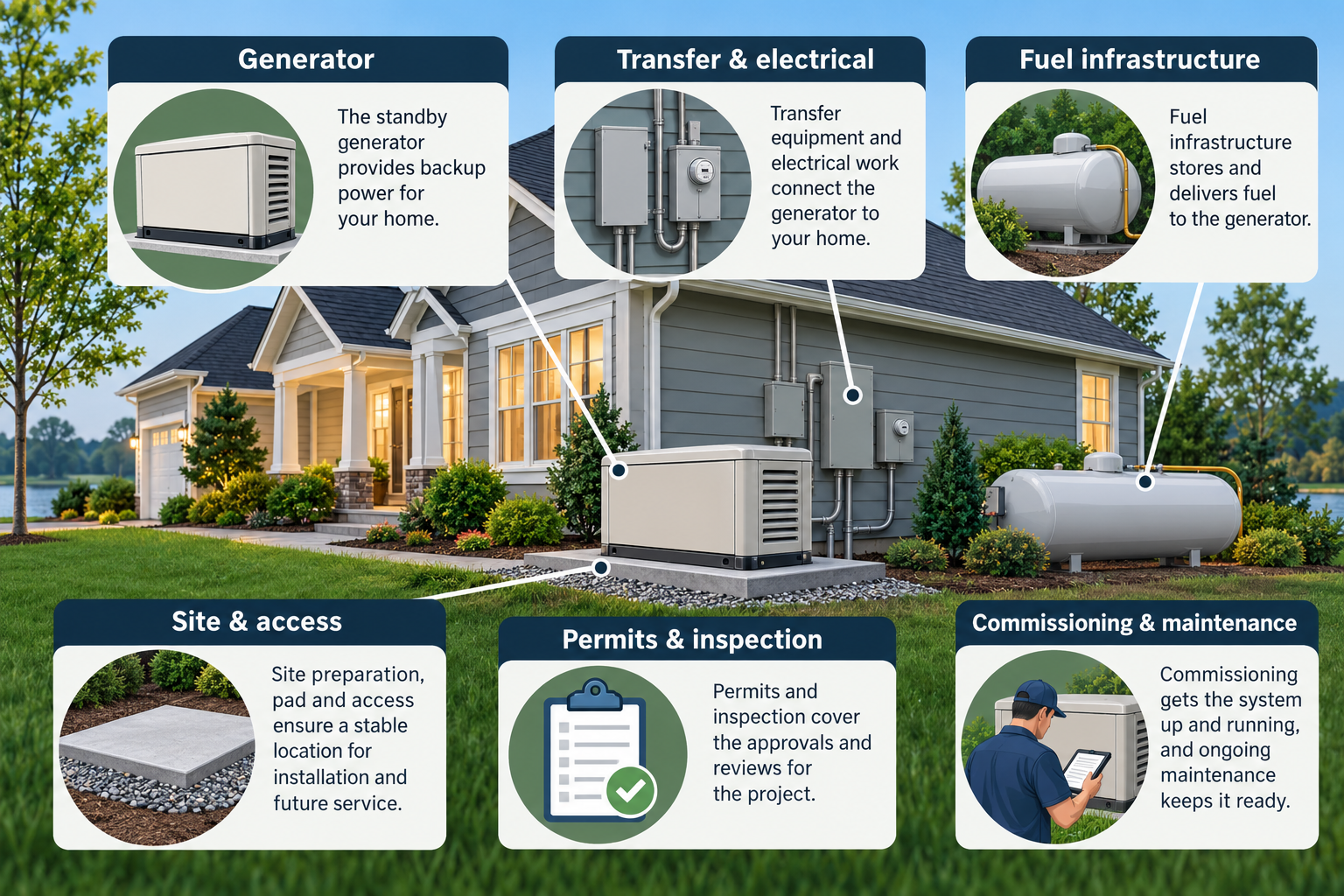 A standby generator project diagram identifies the generator, transfer and electrical work, fuel infrastructure, site and access, permits and inspection, commissioning, and maintenance.