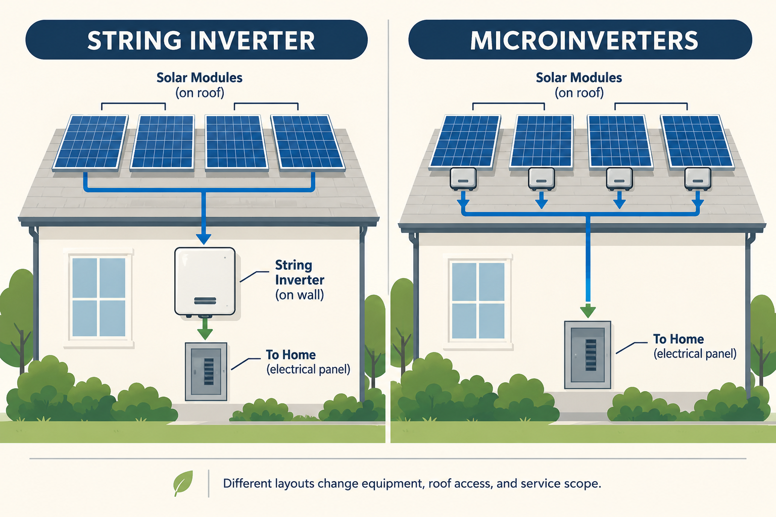 A side-by-side diagram shows modules grouped to one central string inverter versus modules with individual microinverters joining a shared path to the home.