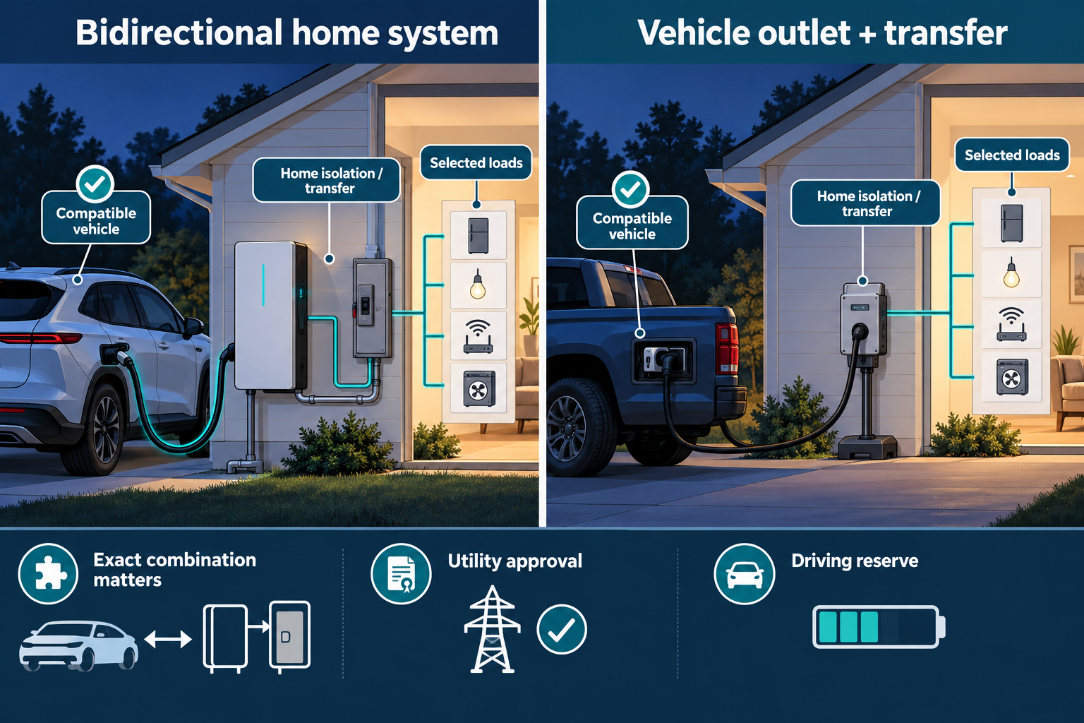 A comparison separates a bidirectional vehicle-home system from a vehicle outlet paired with transfer equipment, with exact compatibility, utility approval, and driving reserve identified as decision factors.