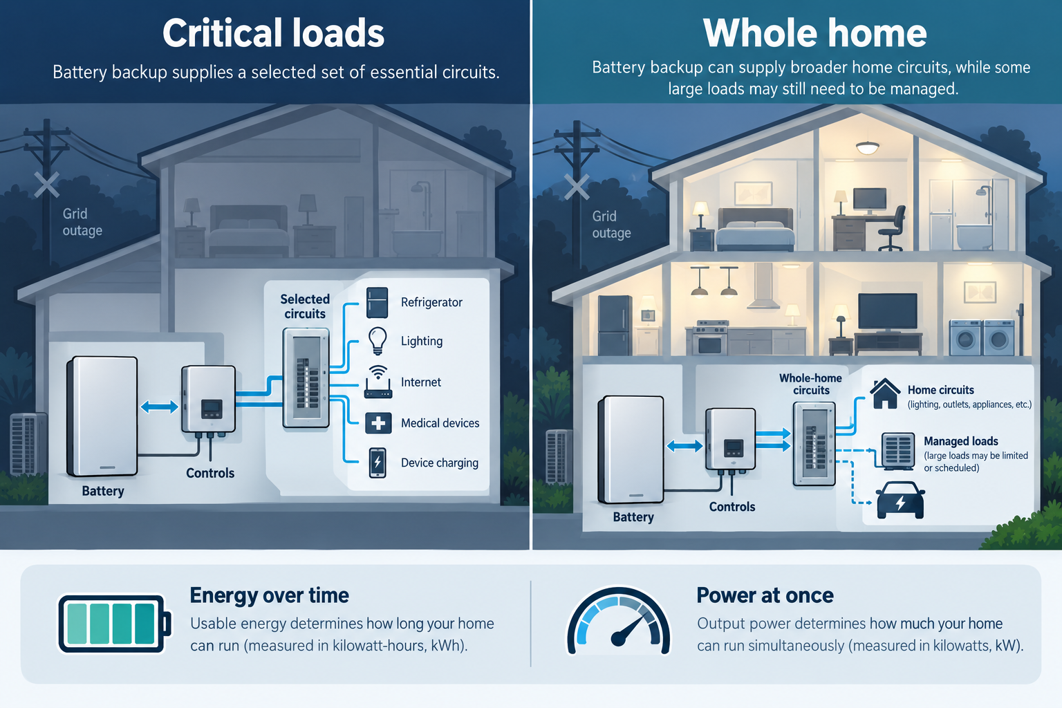 A side-by-side comparison shows selected critical circuits versus broader whole-home coverage with some large loads managed, and distinguishes energy over time from power at once.