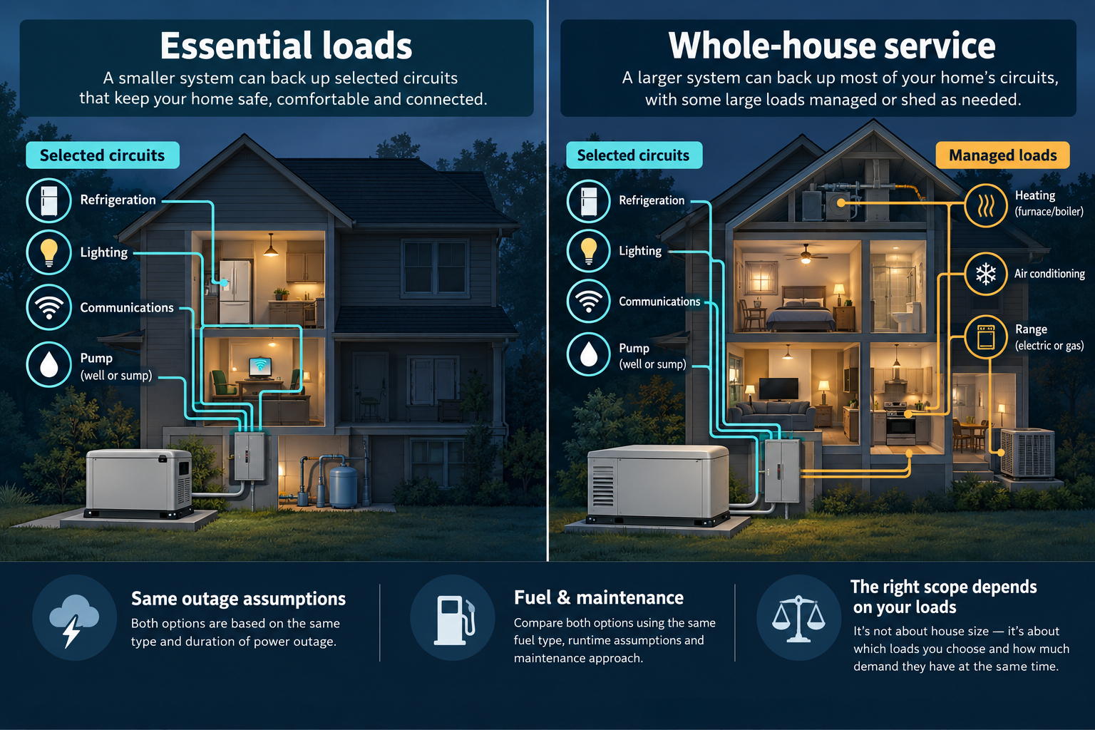 A comparison shows selected essential circuits versus broader generator coverage with large loads managed, using the same outage assumptions.