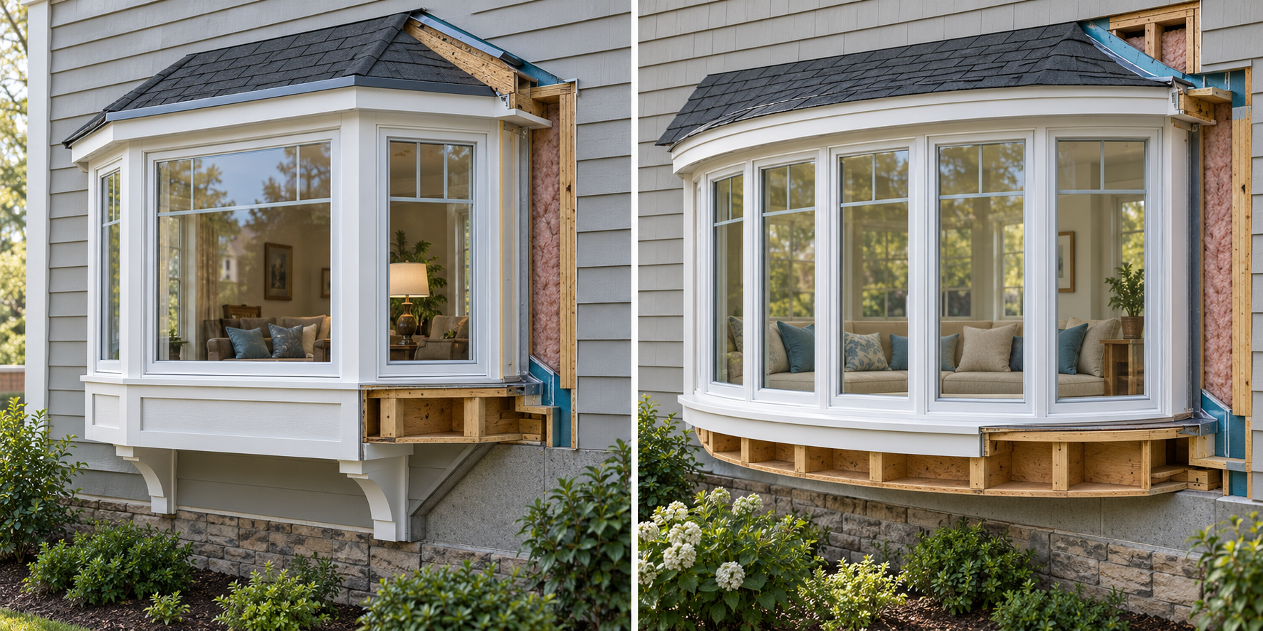 Side-by-side projecting window assemblies compare an angular bay with a gentler multi-unit bow configuration.