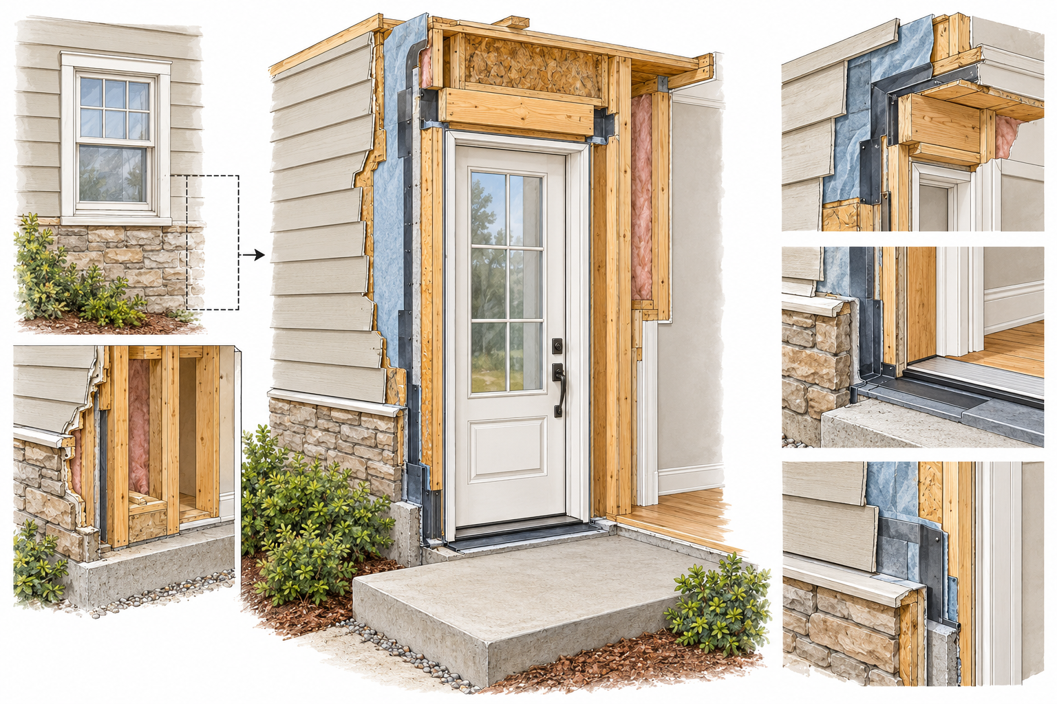 Cutaway illustration of a window opening extended down into a door opening with framing, threshold, flashing, finishes, and landing.