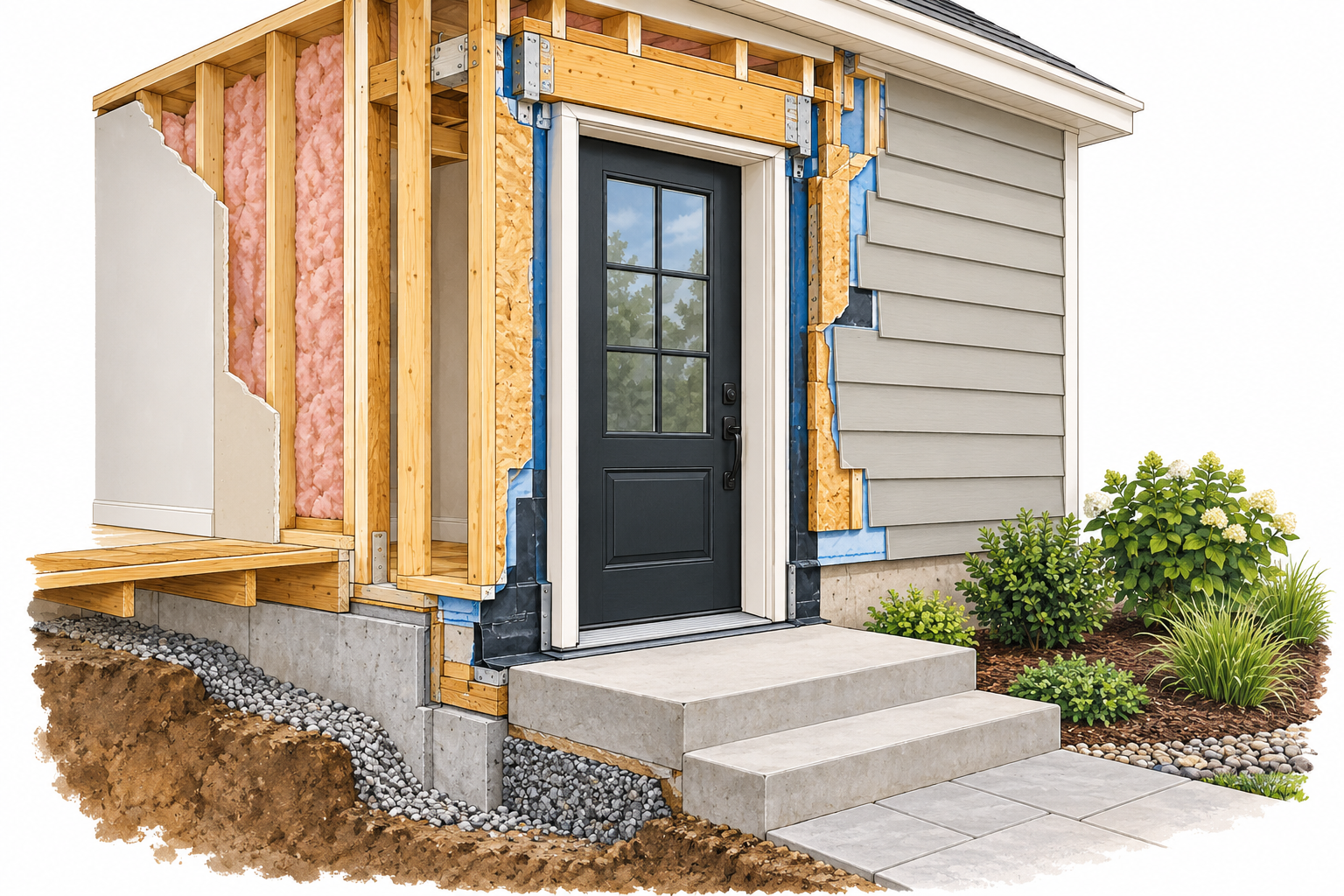 Cutaway illustration of a new exterior doorway with structural framing, flashing, cladding restoration, and landing work.
