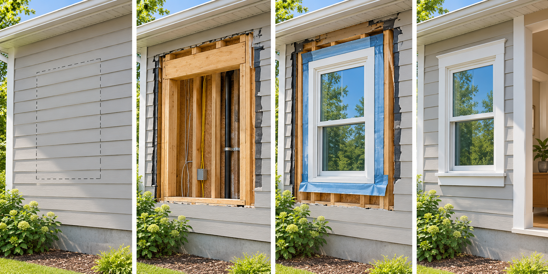 Four stages of adding a window: planning a wall location, exposing framing, integrating flashing around the unit, and restoring finishes.