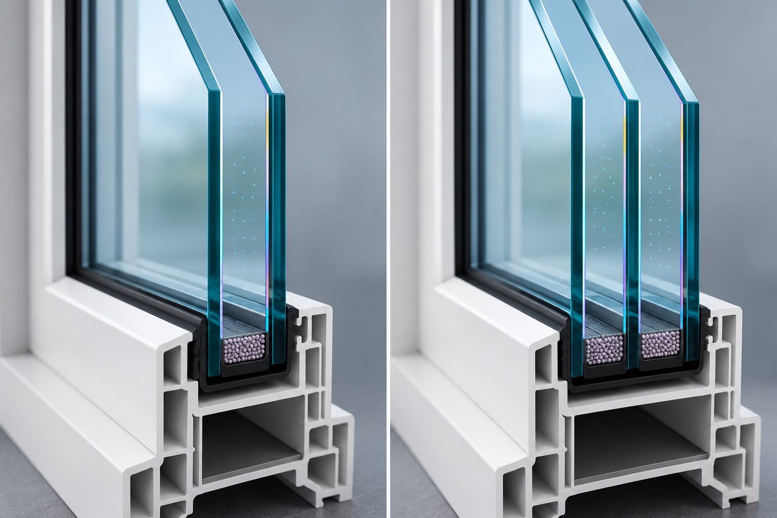 Matched glass-edge cutaways compare a two-pane insulated unit with a three-pane unit and their sealed cavities.