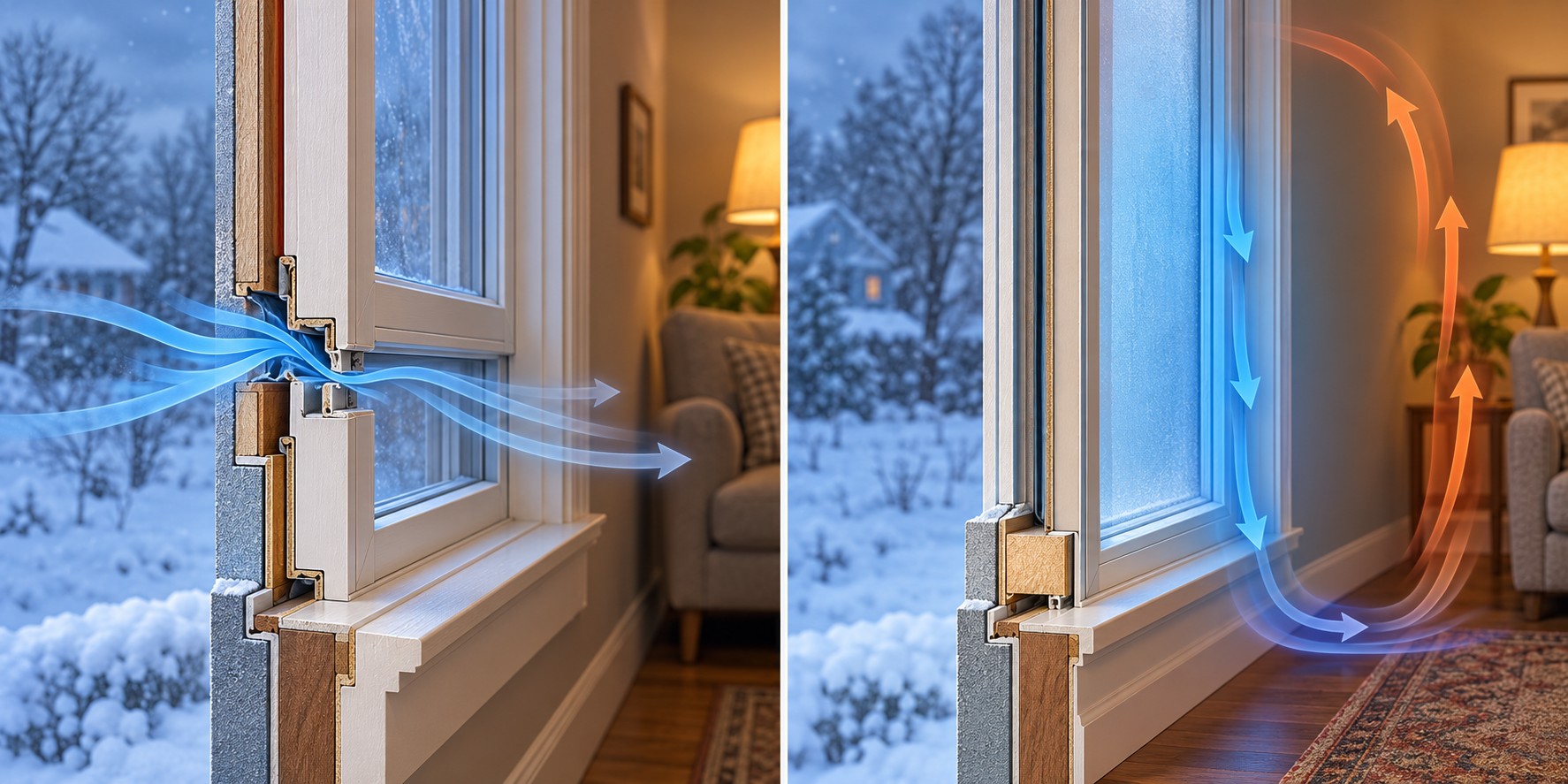 Comparison of outside air leaking through a window gap and room air circulating downward beside cold glass.
