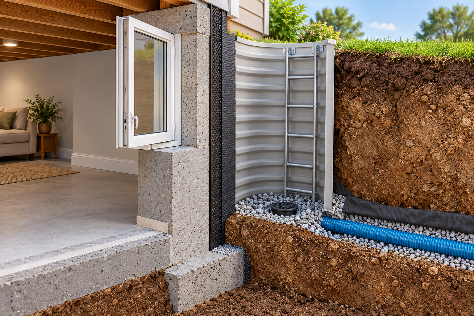 Section view of a basement egress window, foundation opening, exterior well, ladder, drainage layer, and surrounding grade.