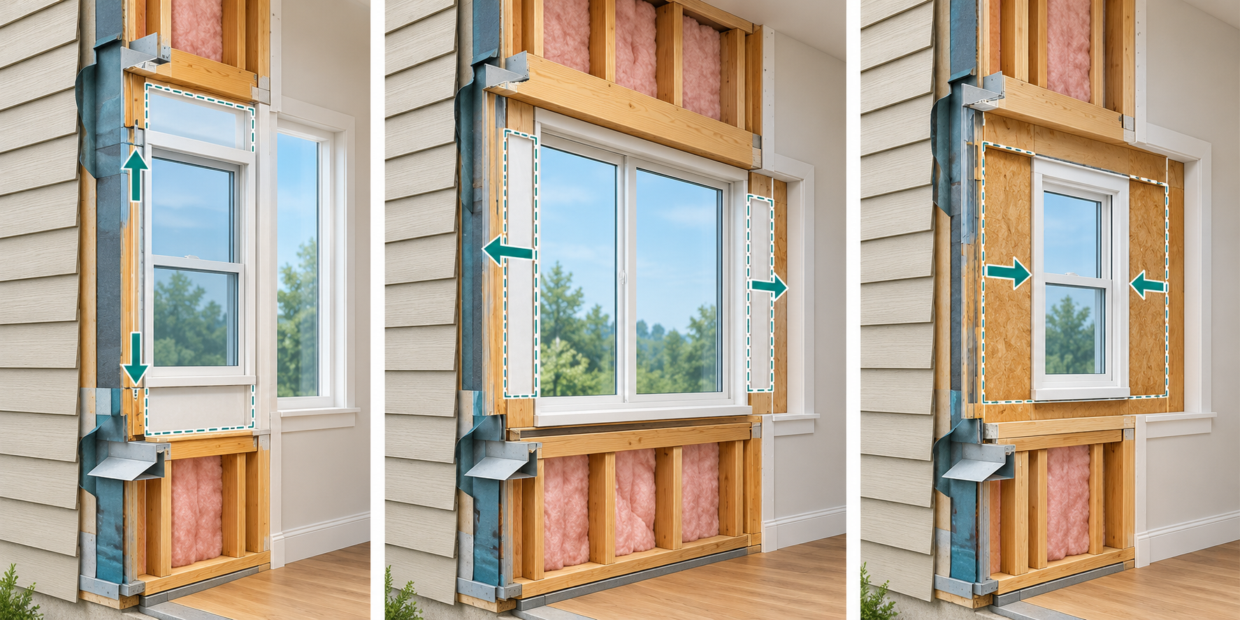 Three cutaway views show vertical adjustment, widening, and reducing a window opening with different wall and finish scopes.