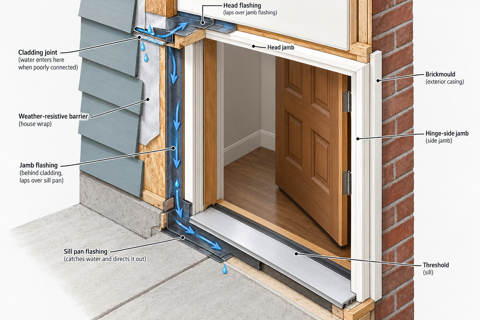Cutaway of an exterior door opening showing the jamb, threshold, flashing layers, and a water path through connected interfaces