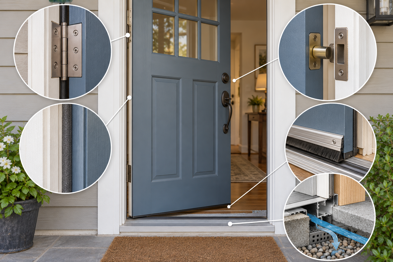 Exterior door detail views show hinges, latch alignment, weatherstripping, sweep, and threshold drainage as separate repair areas.
