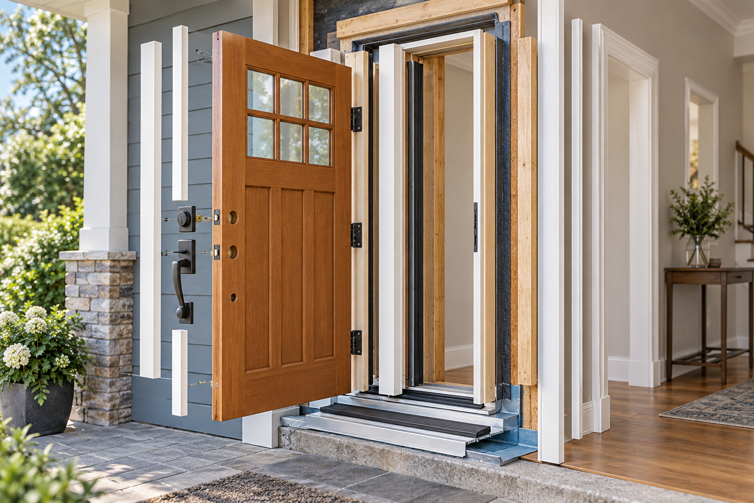 Exploded exterior entry illustration shows the slab, frame, hardware, threshold, flashing, and finish components of a complete replacement.