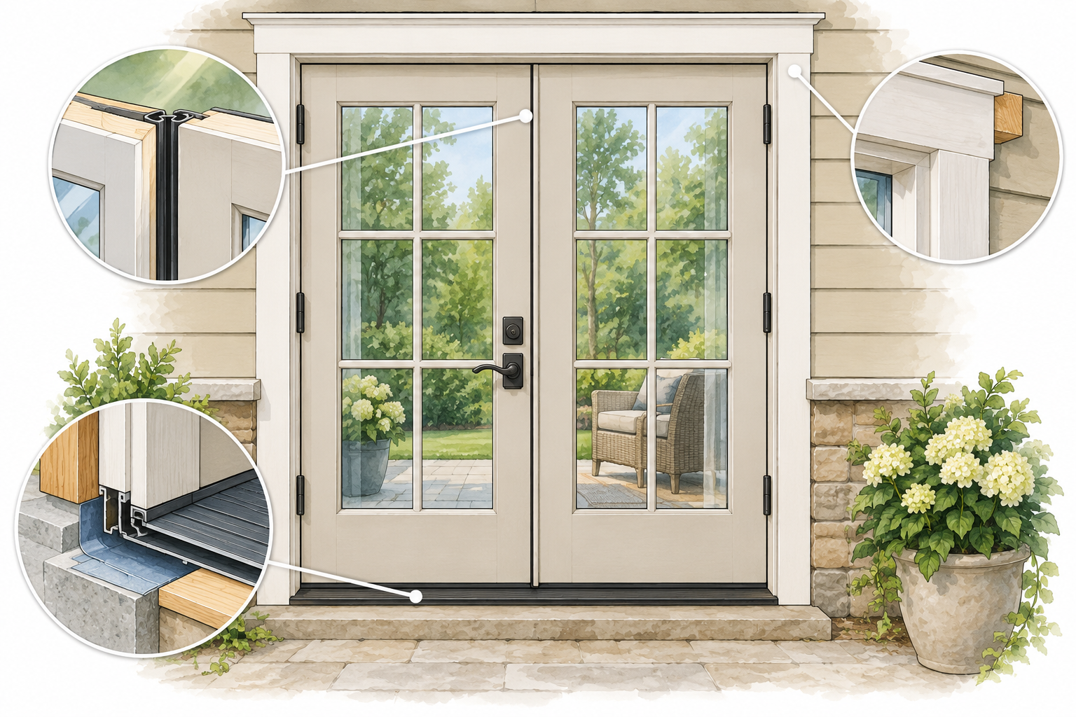 Illustration of a French door pair showing active and inactive leaves, the meeting point, threshold, seals, flashing, and trim.