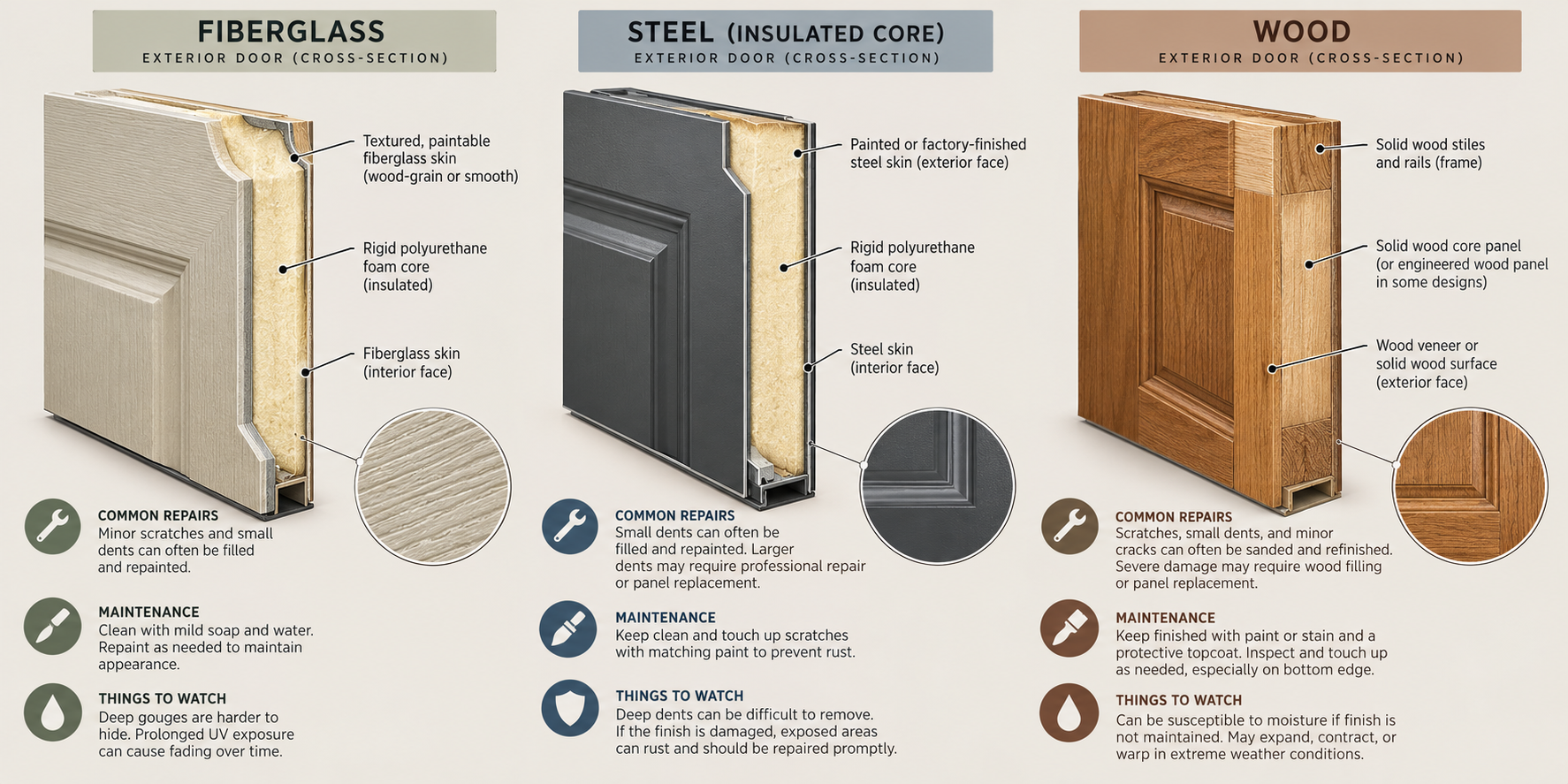 Representative cross-sections of fiberglass, insulated steel, and wood exterior doors; construction and repair details vary by product.