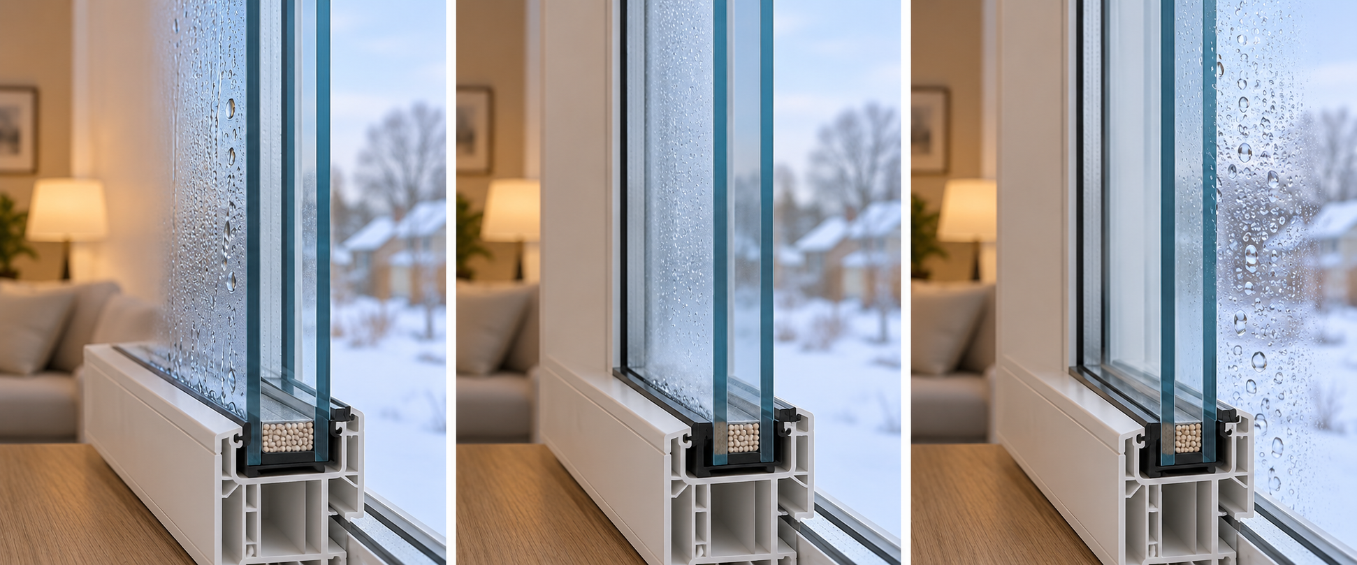 Three double-pane window sections show condensation on the room-side surface, between sealed panes, and on the exterior surface.