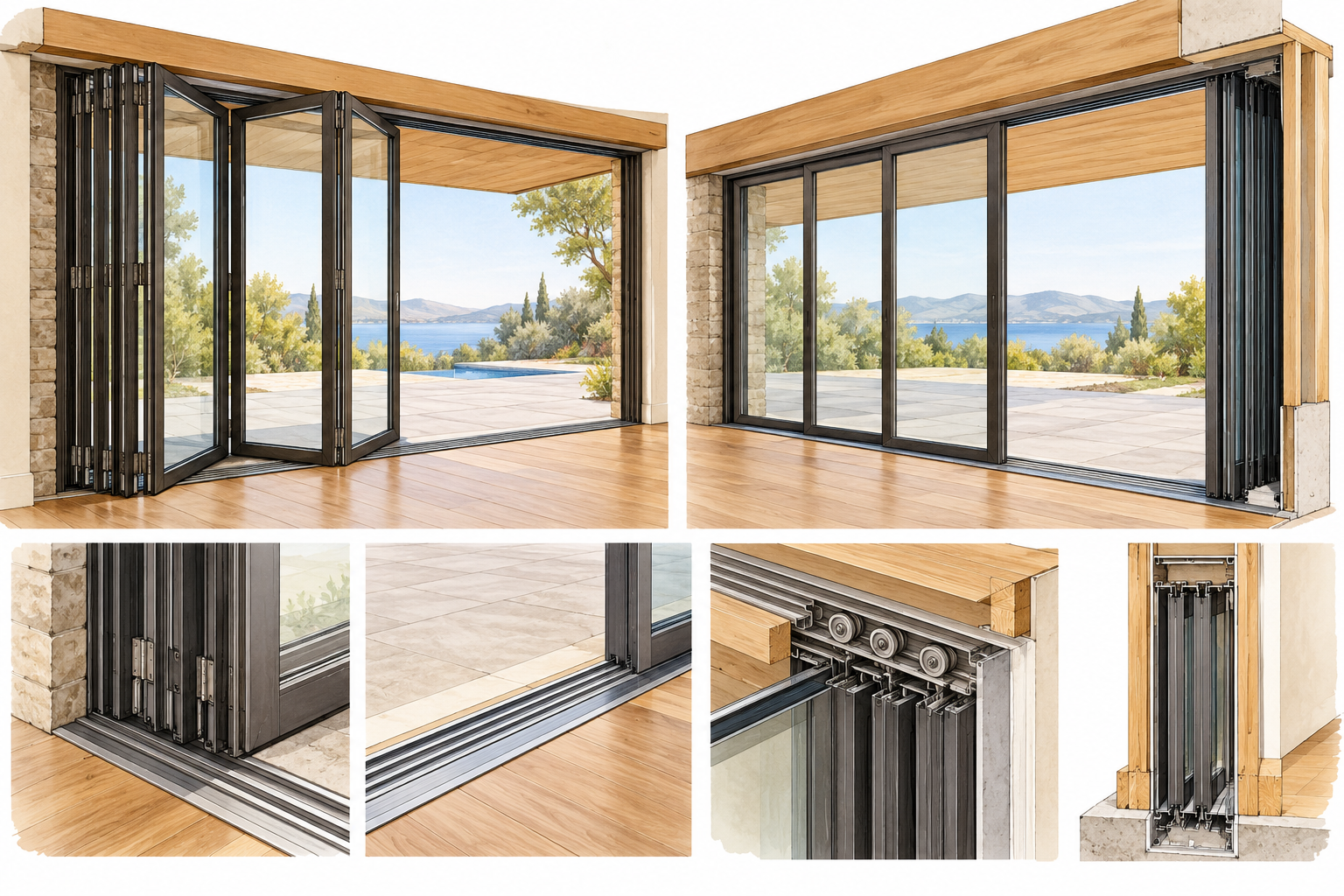 Illustration of a large multi-panel patio-door system showing stacked panels, tracks, threshold, and the supporting opening.