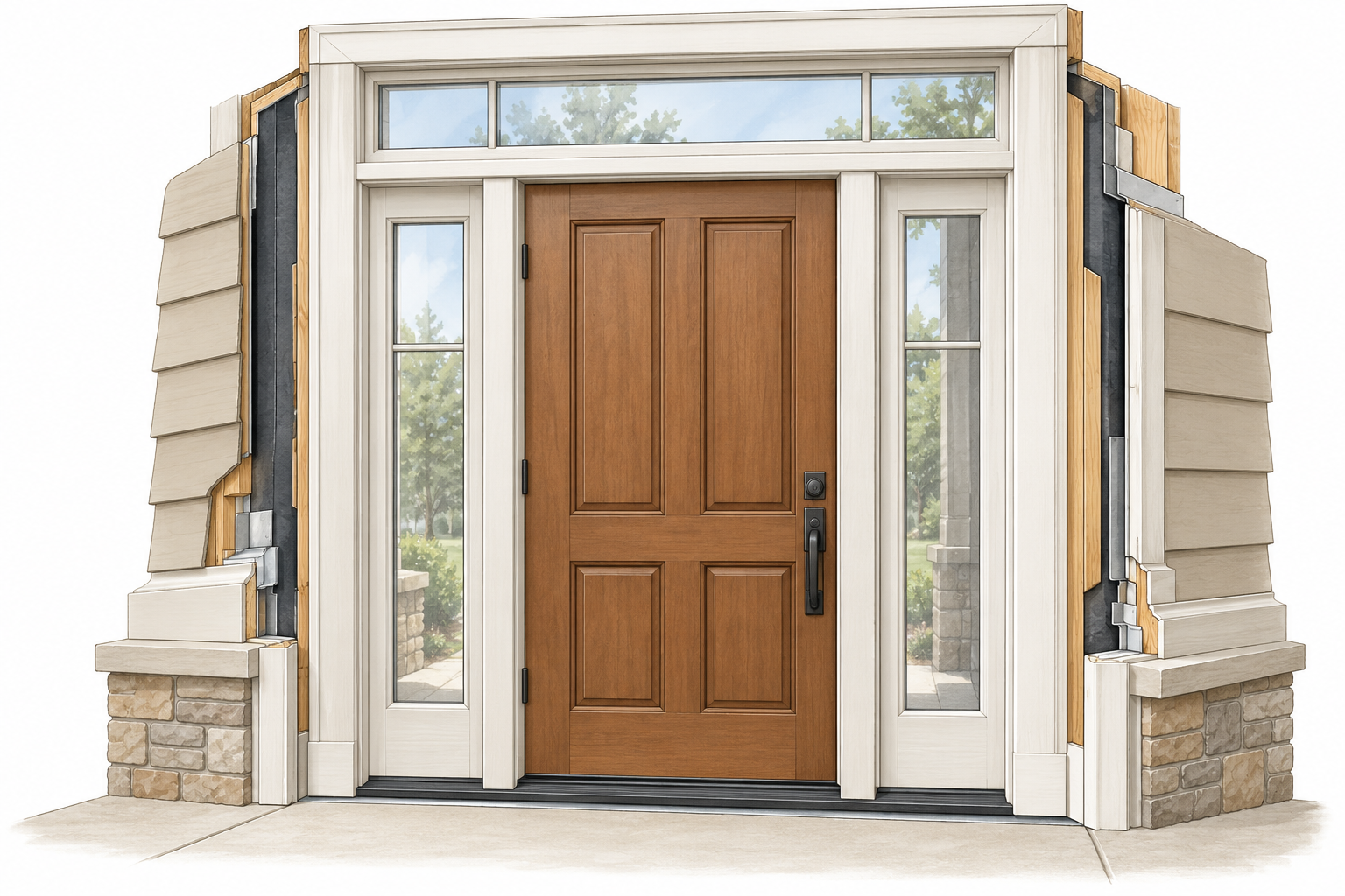 Illustration of a complete entry assembly with the door, sidelights, transom, frame, threshold, flashing, and surrounding trim.