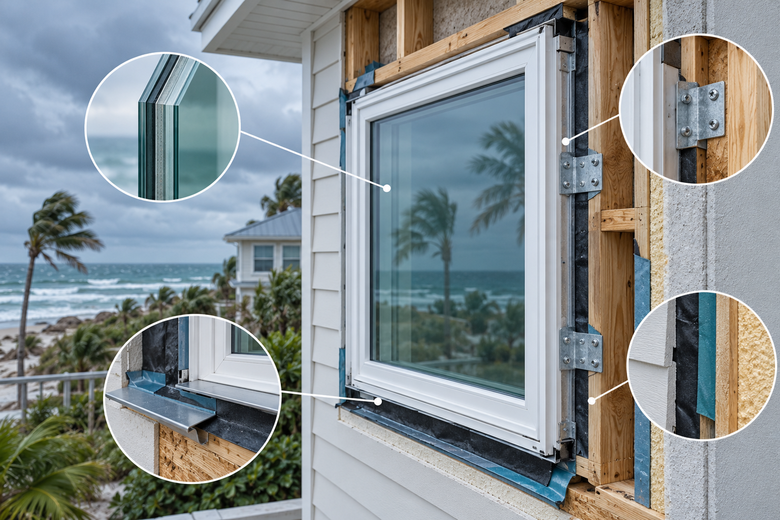 Cutaway details show layered glazing, frame anchorage, flashing, and wall integration in an impact-window installation.