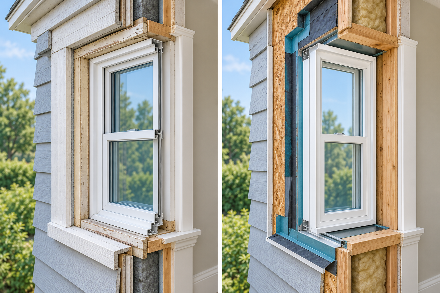 Side-by-side cutaways show an insert fitted within a retained frame and a full-frame replacement exposing the rough opening.