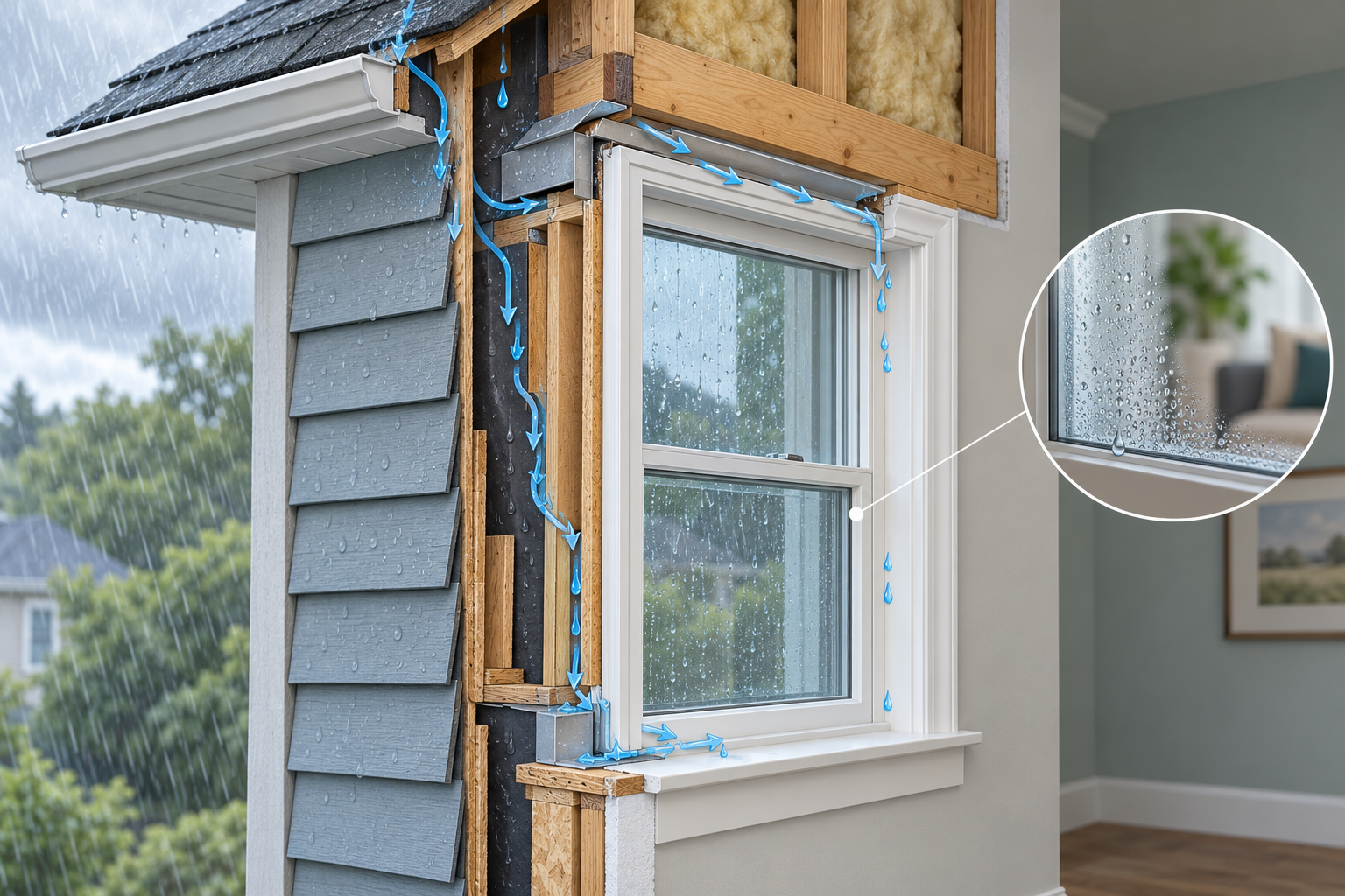 Cutaway illustration shows alternate water routes at the roof, cladding, window perimeter, and sill, with a separate inset for room-side condensation.