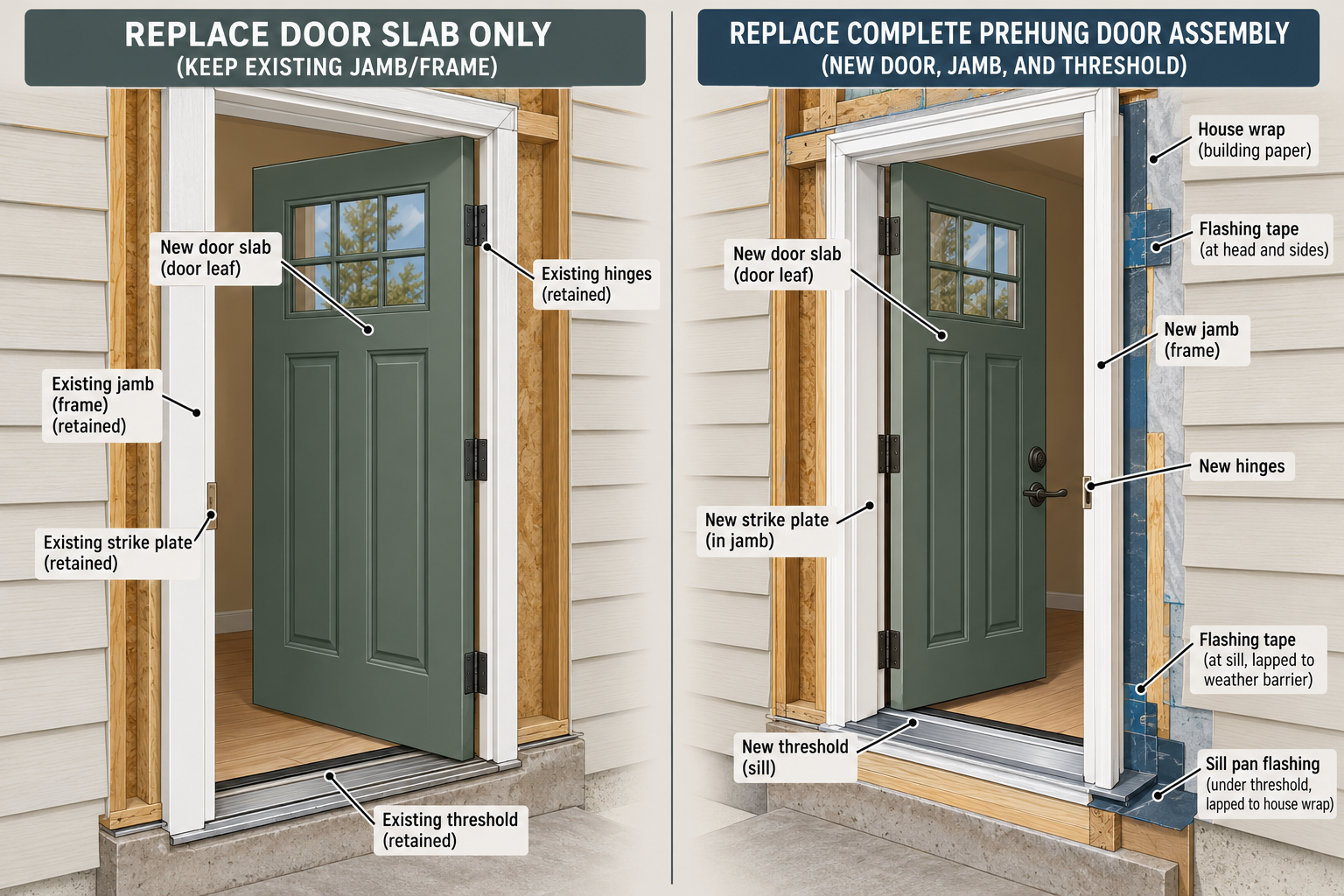 Comparison of slab-only replacement in a retained frame and a complete prehung door assembly with a new frame and threshold