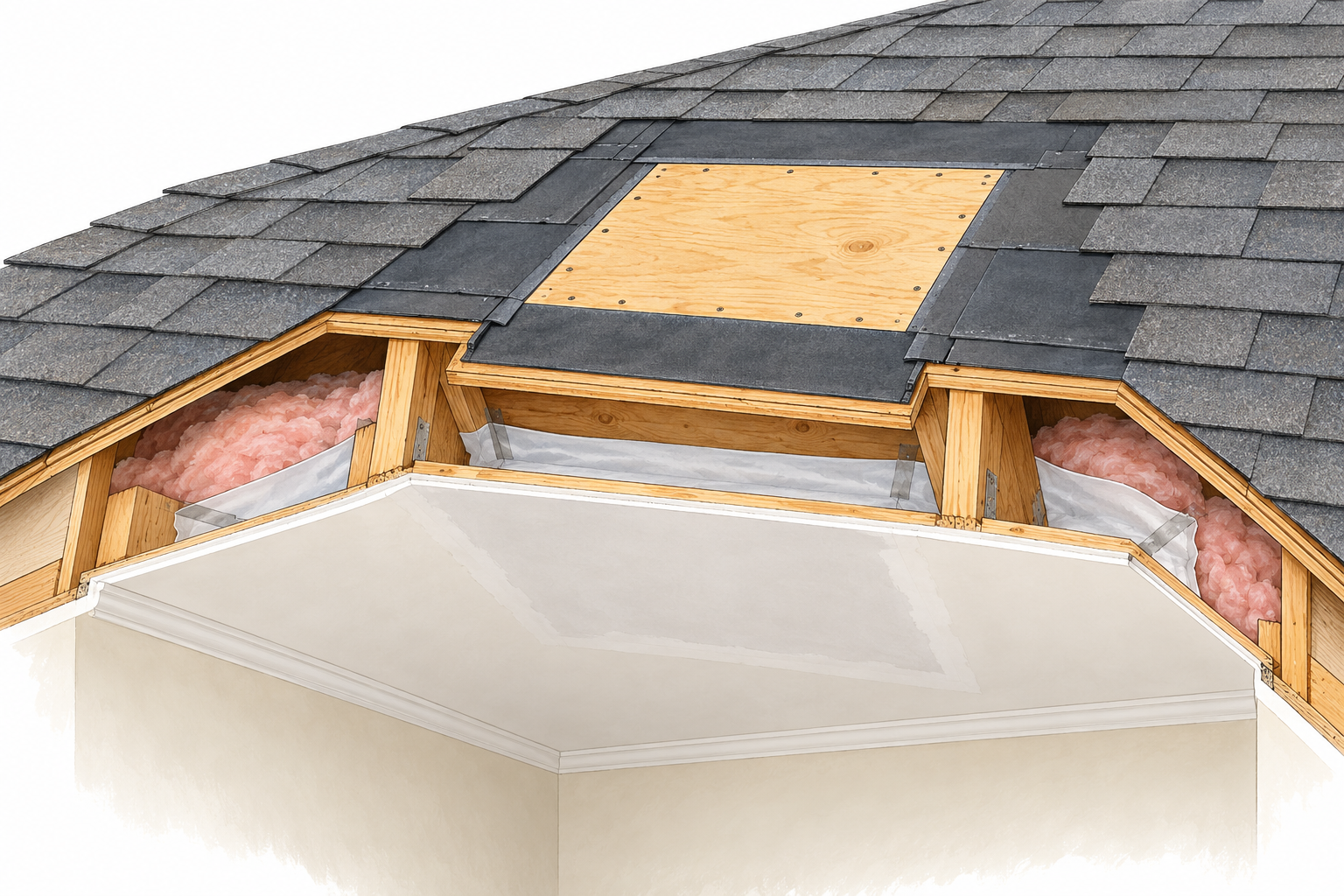 Cutaway illustration of a closed skylight opening with restored roof deck, roof covering, insulation, and interior ceiling.
