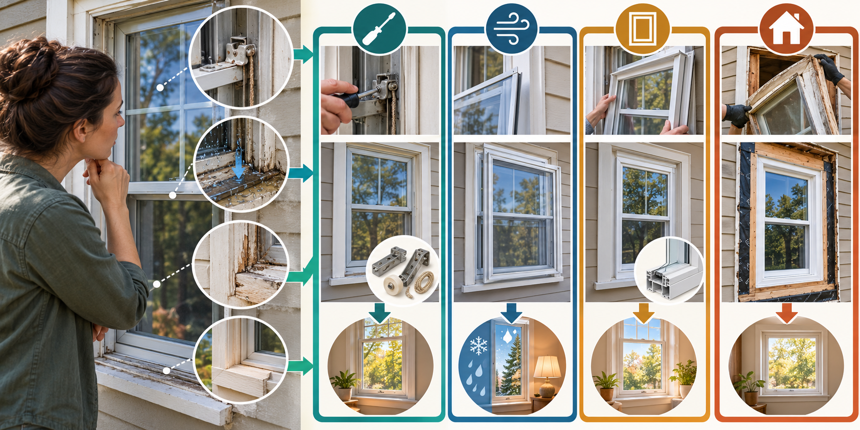 Window assessment and four distinct paths: component repair, an attachment, an insert, or full-frame replacement.
