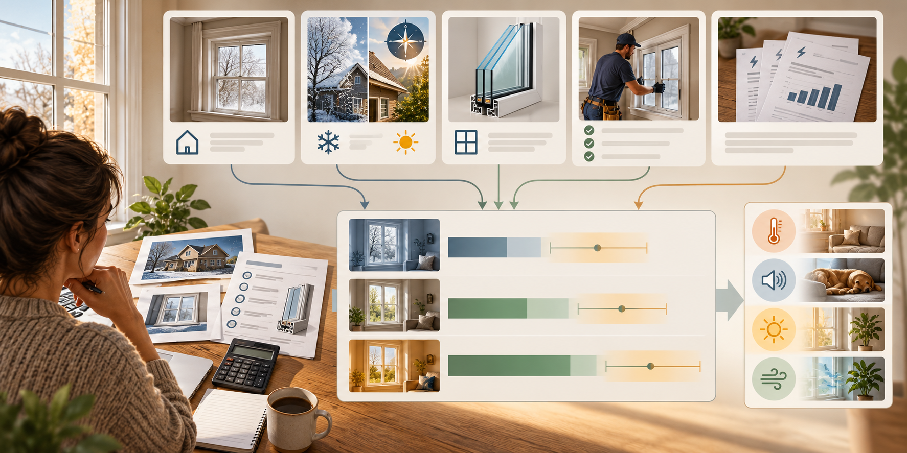 A home-specific comparison combines window condition, climate, product ratings, installed scope, and energy bills into uncertain scenarios while keeping comfort benefits separate.