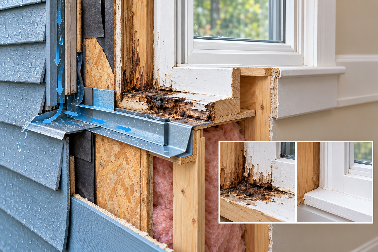 Cutaway of a damaged window sill showing a water path, exposed flashing, and concealed wall layers that may need inspection.