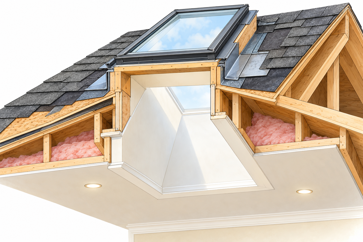 Cutaway illustration of a new skylight installation through the roof and into a finished interior light shaft.