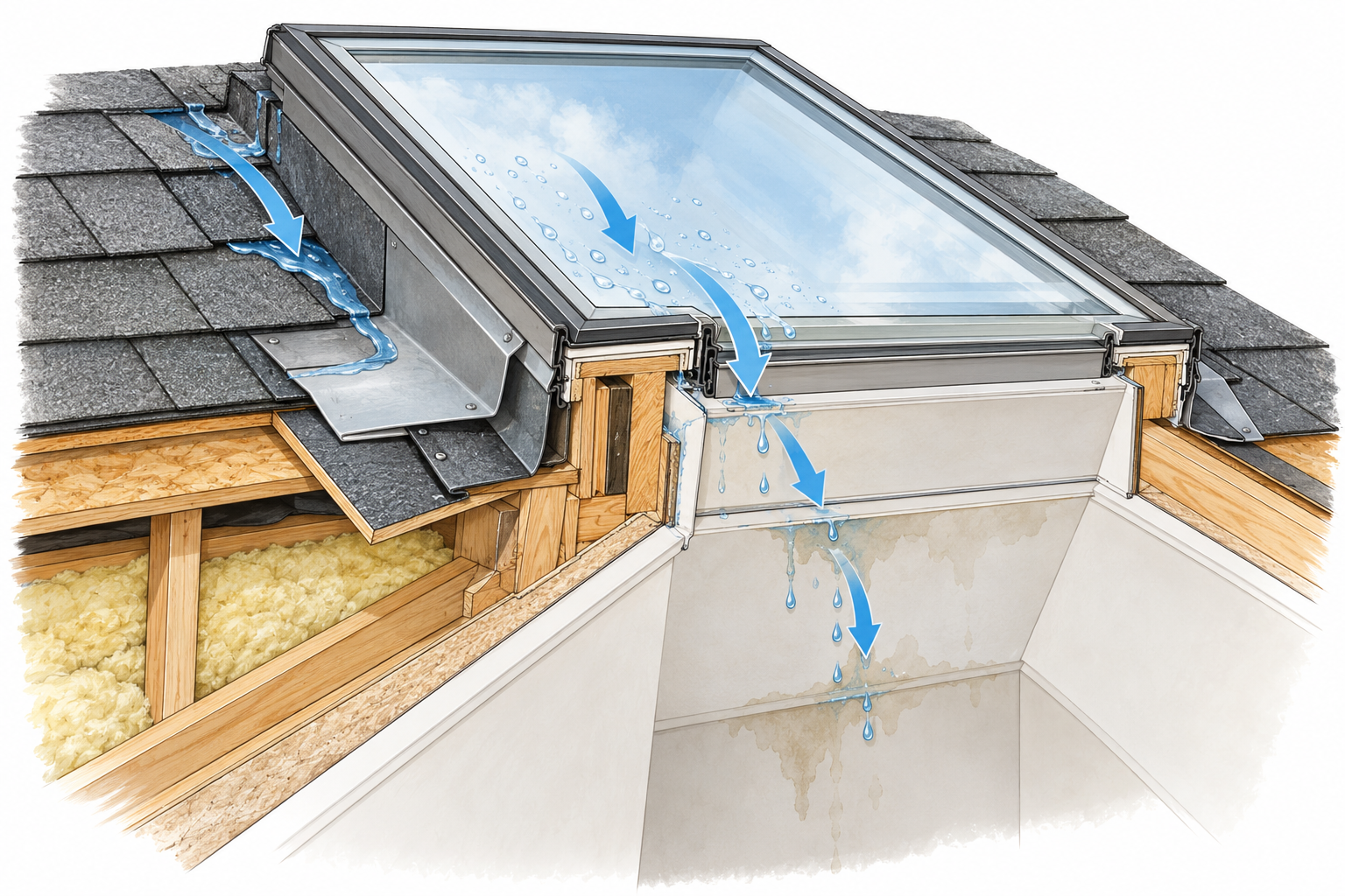 Cutaway illustration showing distinct roof, flashing, curb, frame, and interior moisture paths around a skylight.
