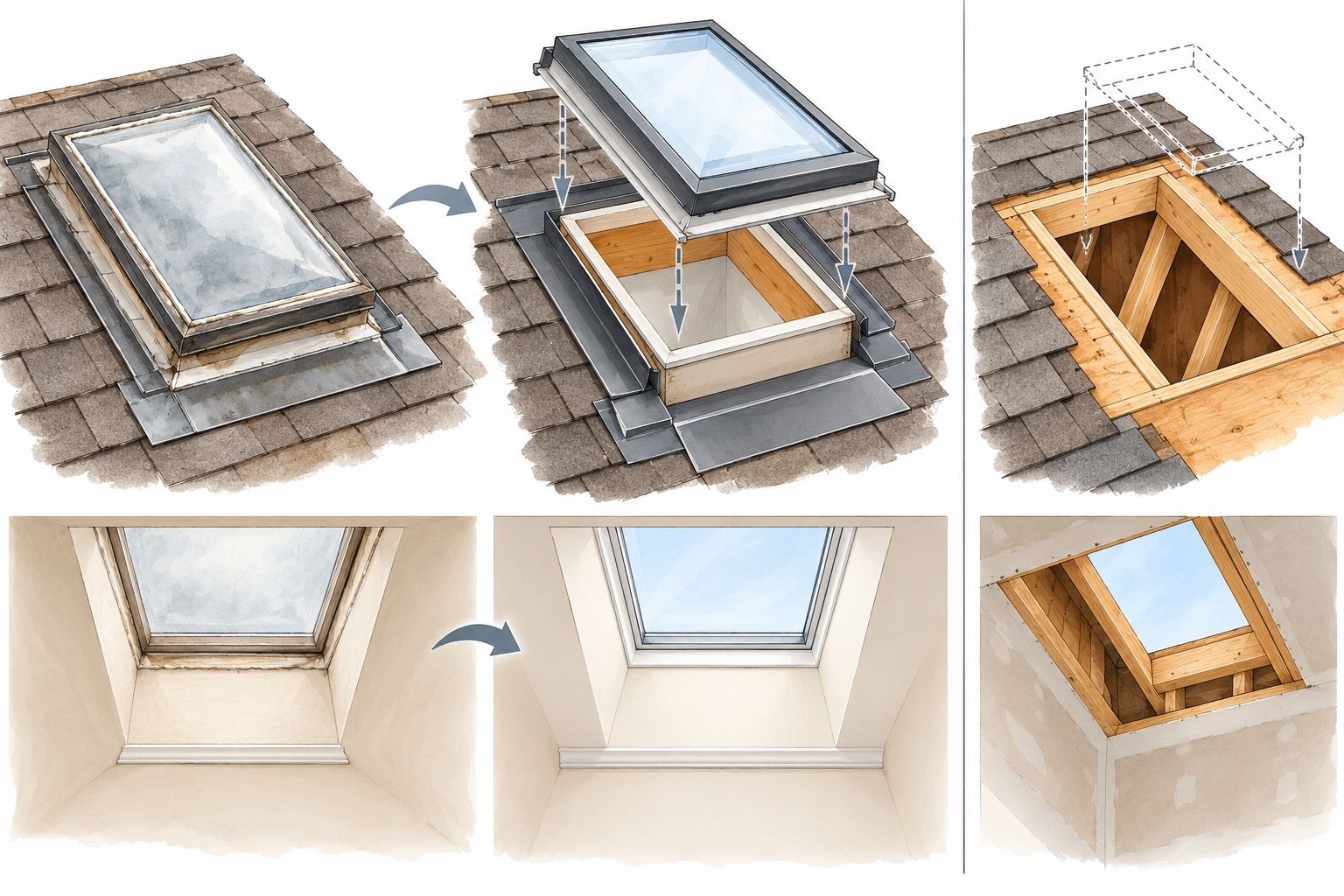 Illustration of a skylight replacement using an existing roof opening, with curb, flashing, roofing, and interior shaft details.