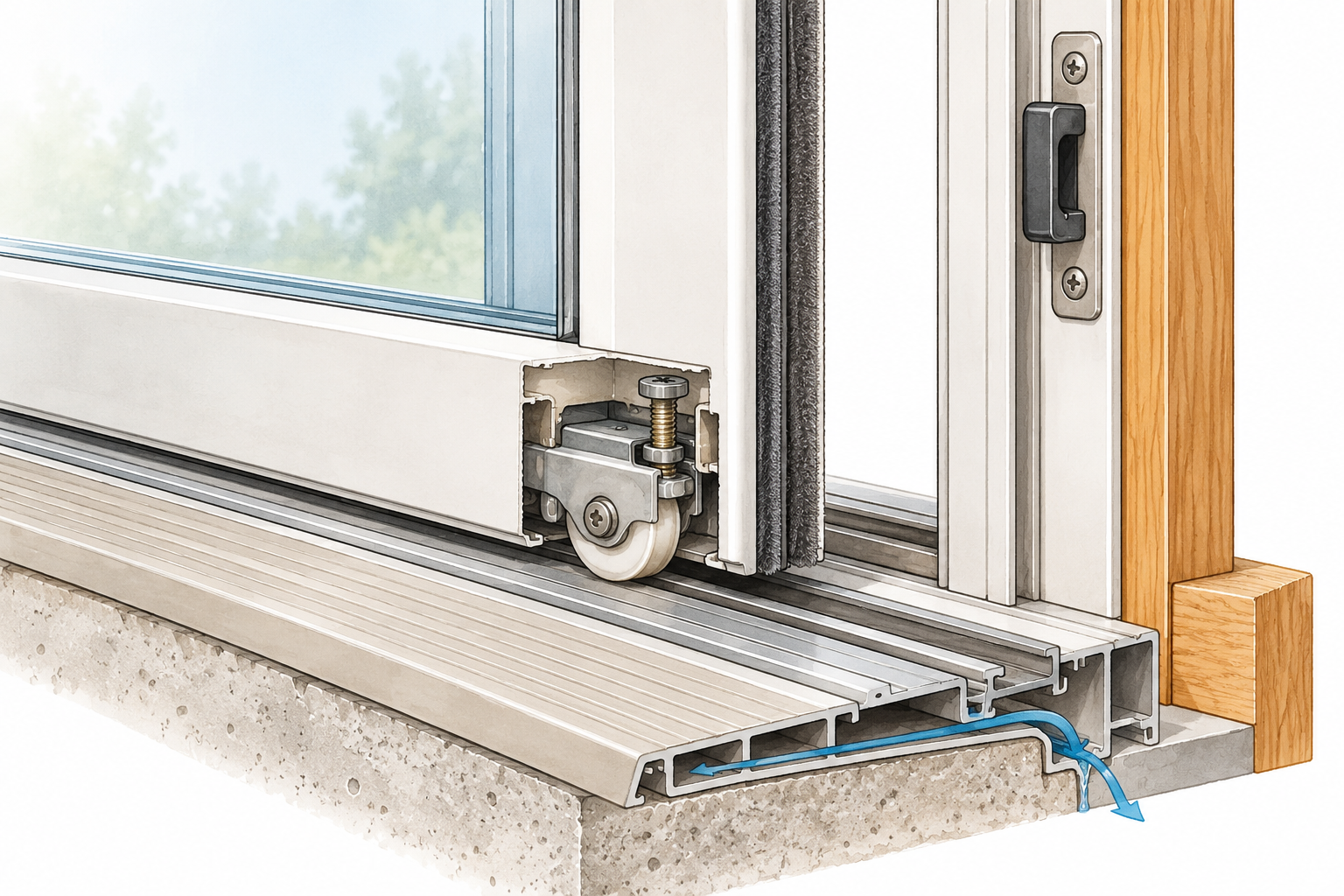 Cutaway illustration of common sliding-door repair points including rollers, track, threshold, weatherstrip, and latch.